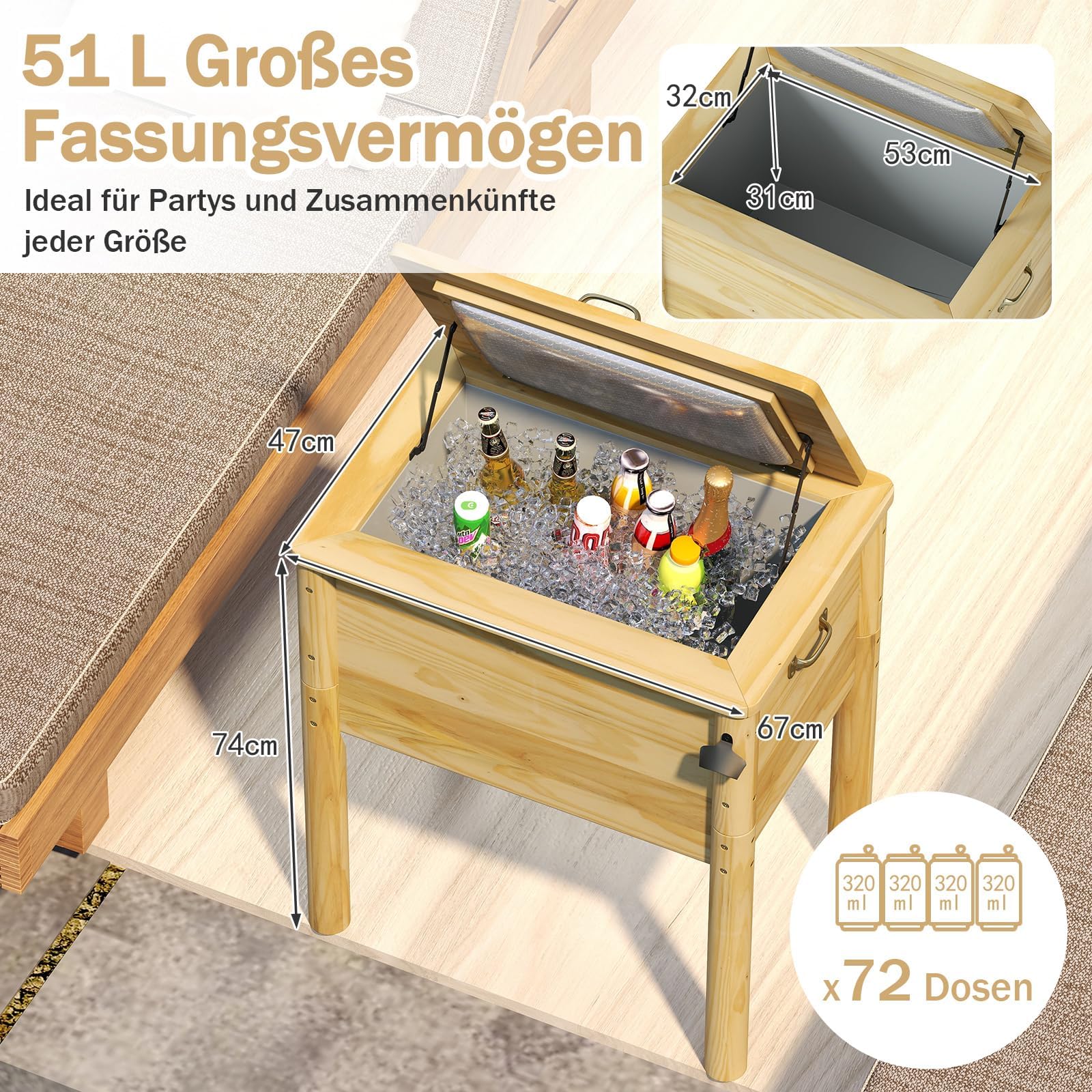 FANTASK Refroidisseur de terrasse en Bois Rustique 51 l avec 3 poignées, décapsuleur et Bouchon de vidange, Refroidisseur de terrasse d'extérieur pour Barbecue, cookouts, Jardin, terrasse, Piscine