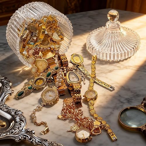 Miniatura 4 de Vinatge - Tarro de reloj misterioso, paquete de 6 pulseras sorpresa doradas, tarro de joyería misteriosa con corazón ovalado redondo o esferas