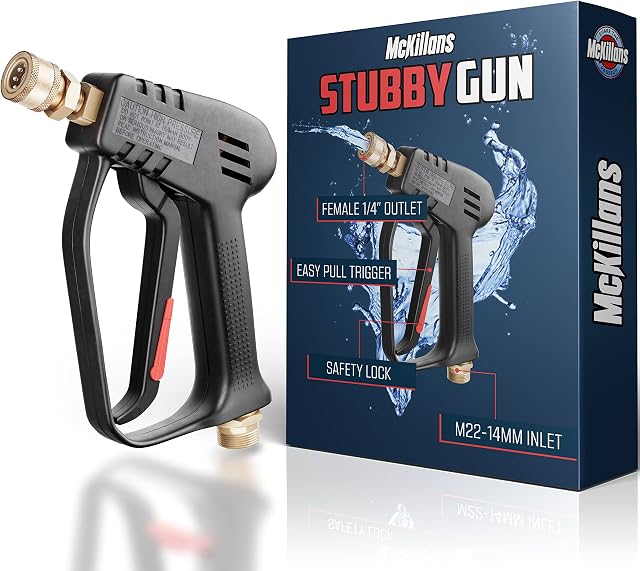 McKillans Short Pressure Washer Gun with Replacement M22 Inlet- High Pressure Water Handle with 1/4 Quick Connector Coupler - Power Washer Gun Compatible with Foam Cannon - Car Wash Foam Gun