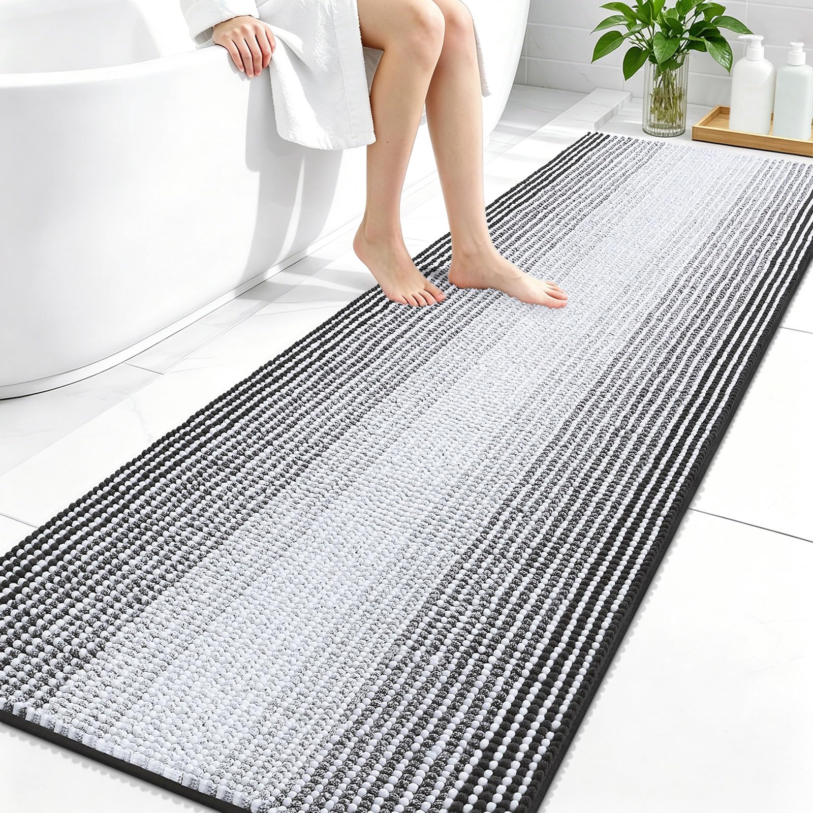 OLANLY Bathroom Runner Rugs 70x24, Chenille Striped Bath Rugs, Dark Grey