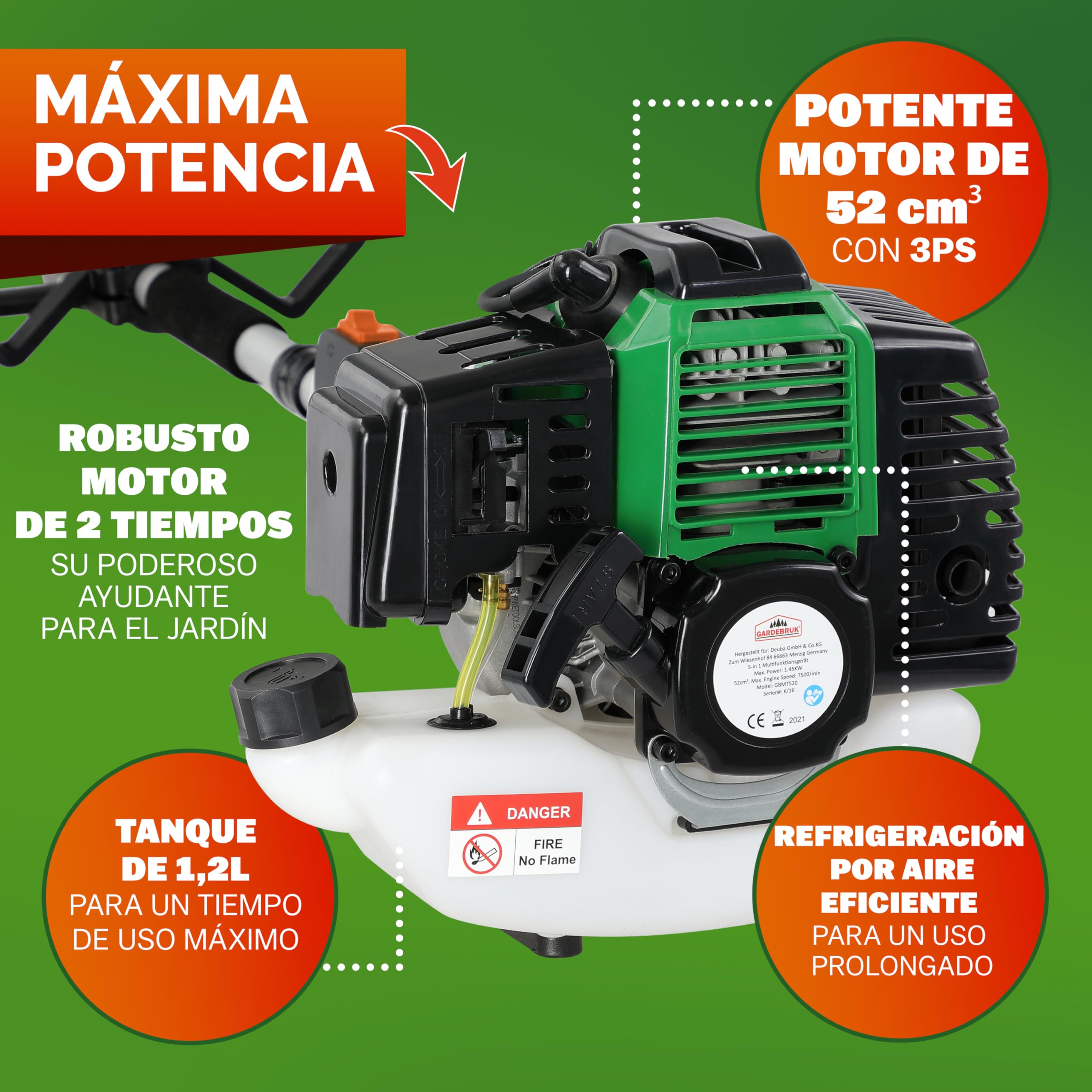GARDEBRUK® Desbrozadora Gasolina Multifunción 5en1 Cortasetos Portátil Podadora Extensión 1m Motor 2 Tiempos 52 CC Correa Hombro Ajustable Mango Largo