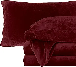 Elegant Comfort Luxuriously Soft 4-Piece Velvet Plush Flannel Sheet Set - Premium Quality - Cozy Warm, Anti-Static, Non Pilling Fuzzy Velvet Flannel Fleece Deep Pocket Sheet Set - Twin XL, Burgundy