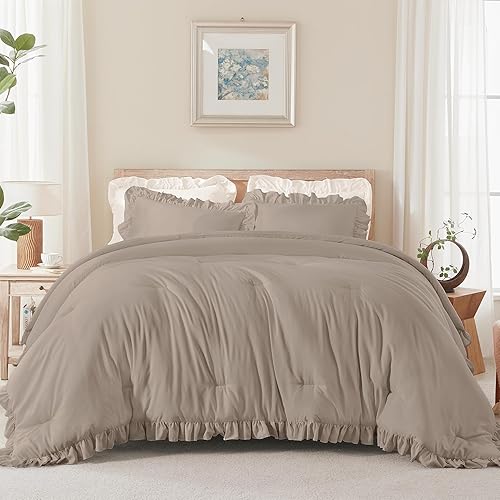 Miniatura 66 de Andency Juego de edredón beige tamaño King, 3 piezas estilo farmhouse shabby chic con volantes, ligero esponjoso suave de microfibra para todas