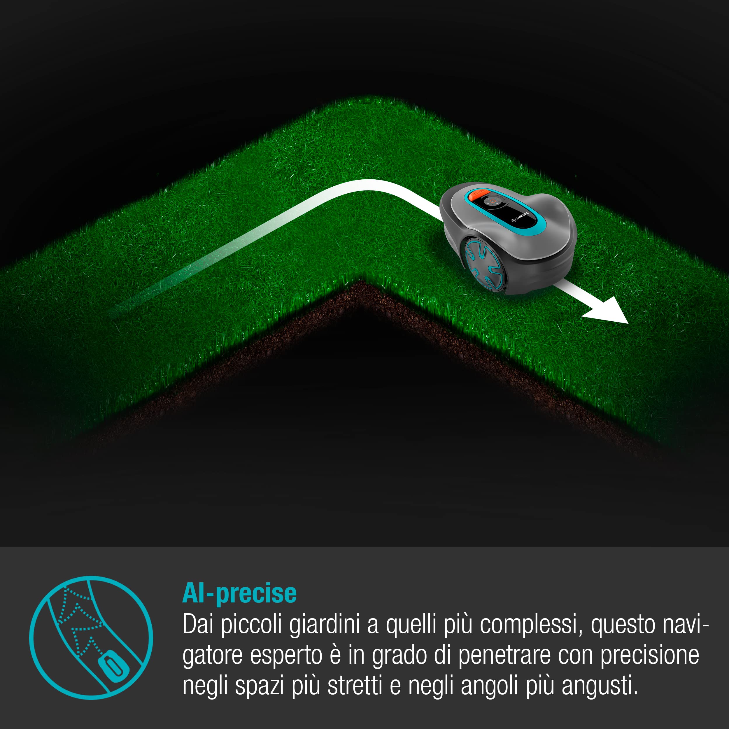 Gardena Robot Rasaerba Sileno Minimo, per Superfici Fino a 500 mq, Pendenza Fino a 25%, Controllo Via App Bluetooth, Altezza di Taglio 20-45 mm, Adatta I Tempi di Taglio Alla Crescita (15202-34)