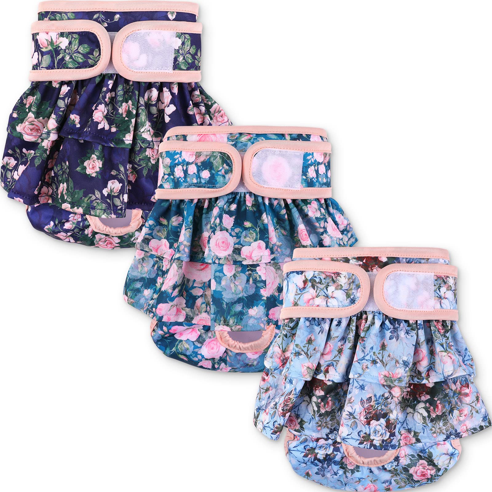 NOYAL Washable Dog Diapers Female Reusable High Absorbency Leak-Proof Rose Pattern Doggie Diapers 3 Pack