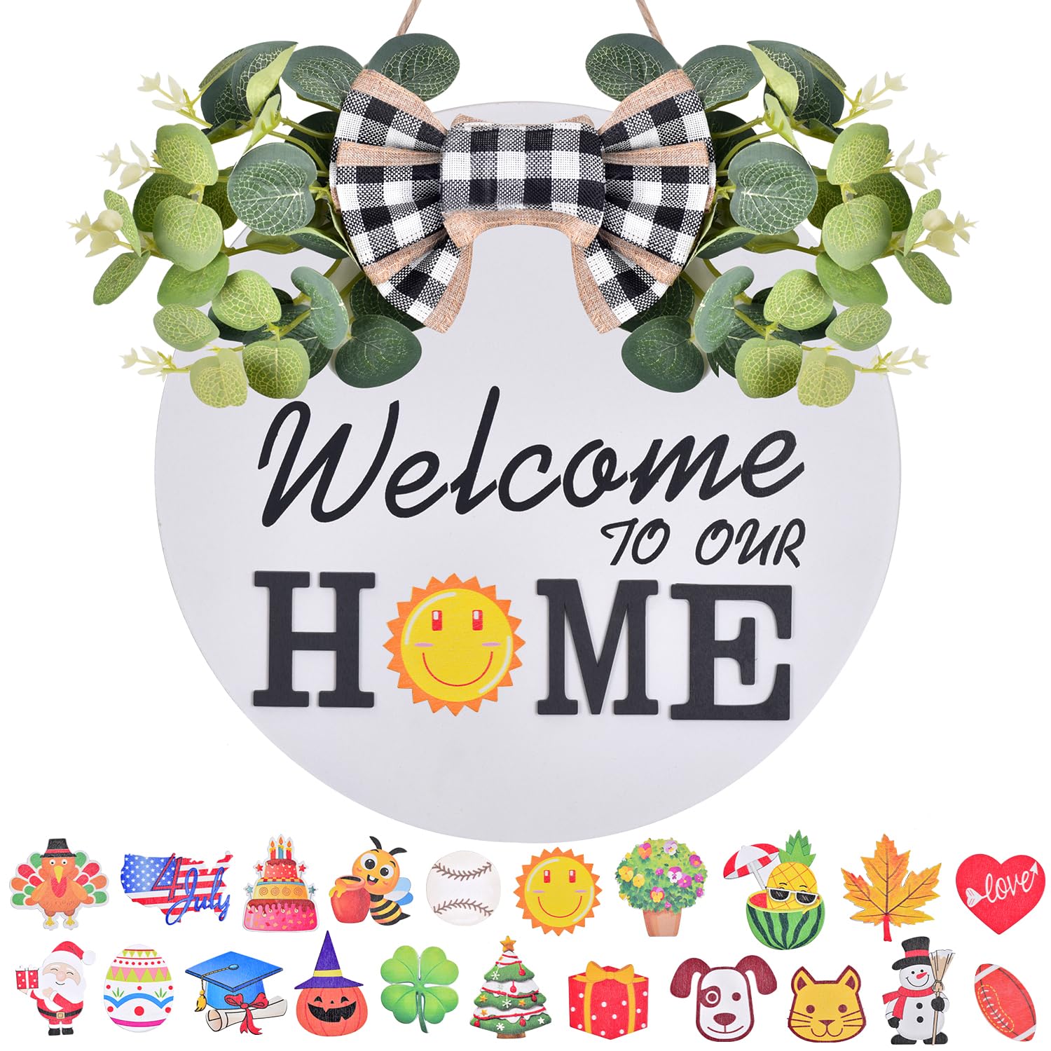 Interchangeable Welcome Sign for Front Door, IDATOO Welcome to Our Home Sign Front Door Wreath with 21 Seasonal Icons for Holiday Front Porch Hanging Decor, Christmas Birthday Housewarming Gift
