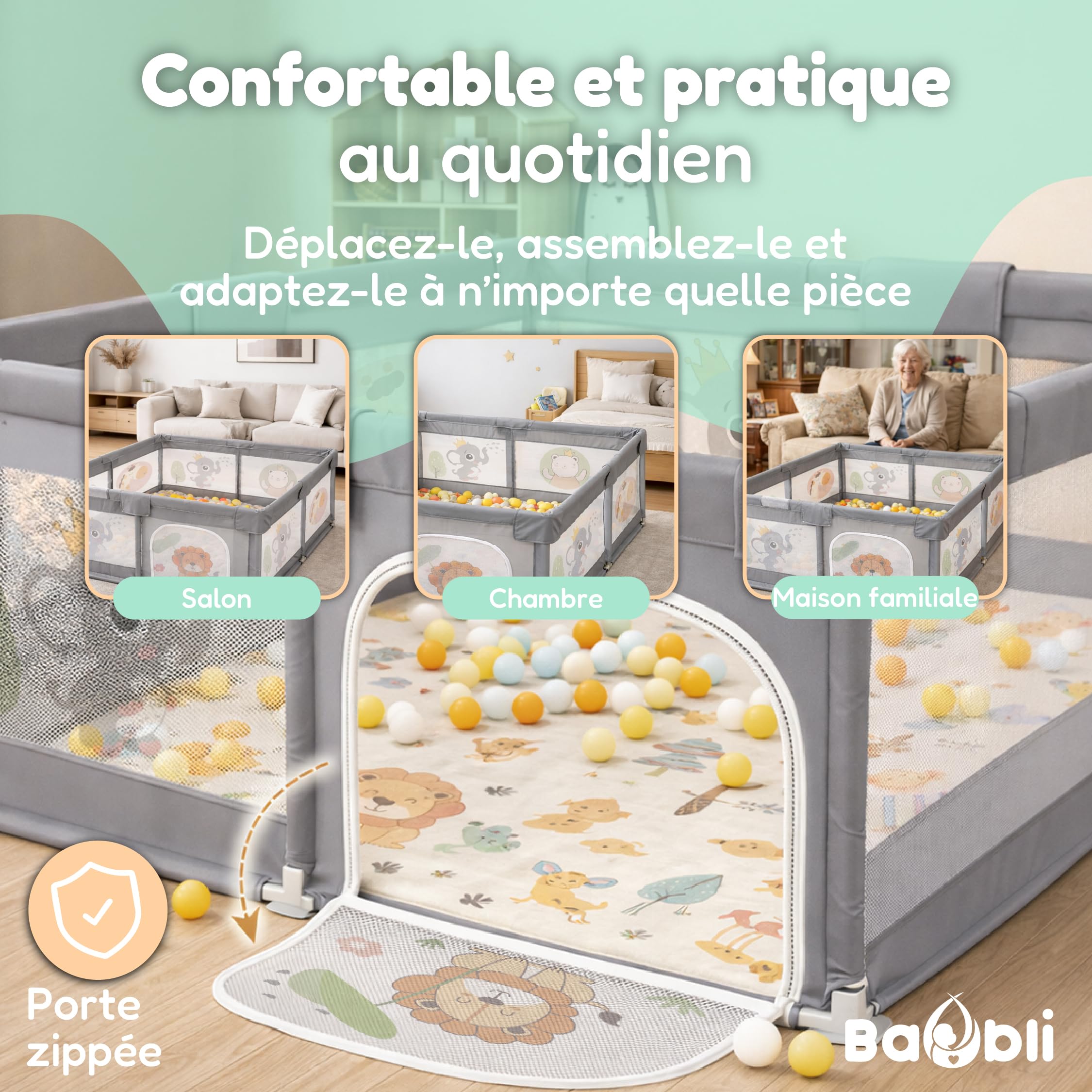 Parc pour bébé 180 x 200 cm + tapis + 60 balles + poignées + sacs de transport – Parc de jeux pour bébé avec maille respirante – Playpen Bebe