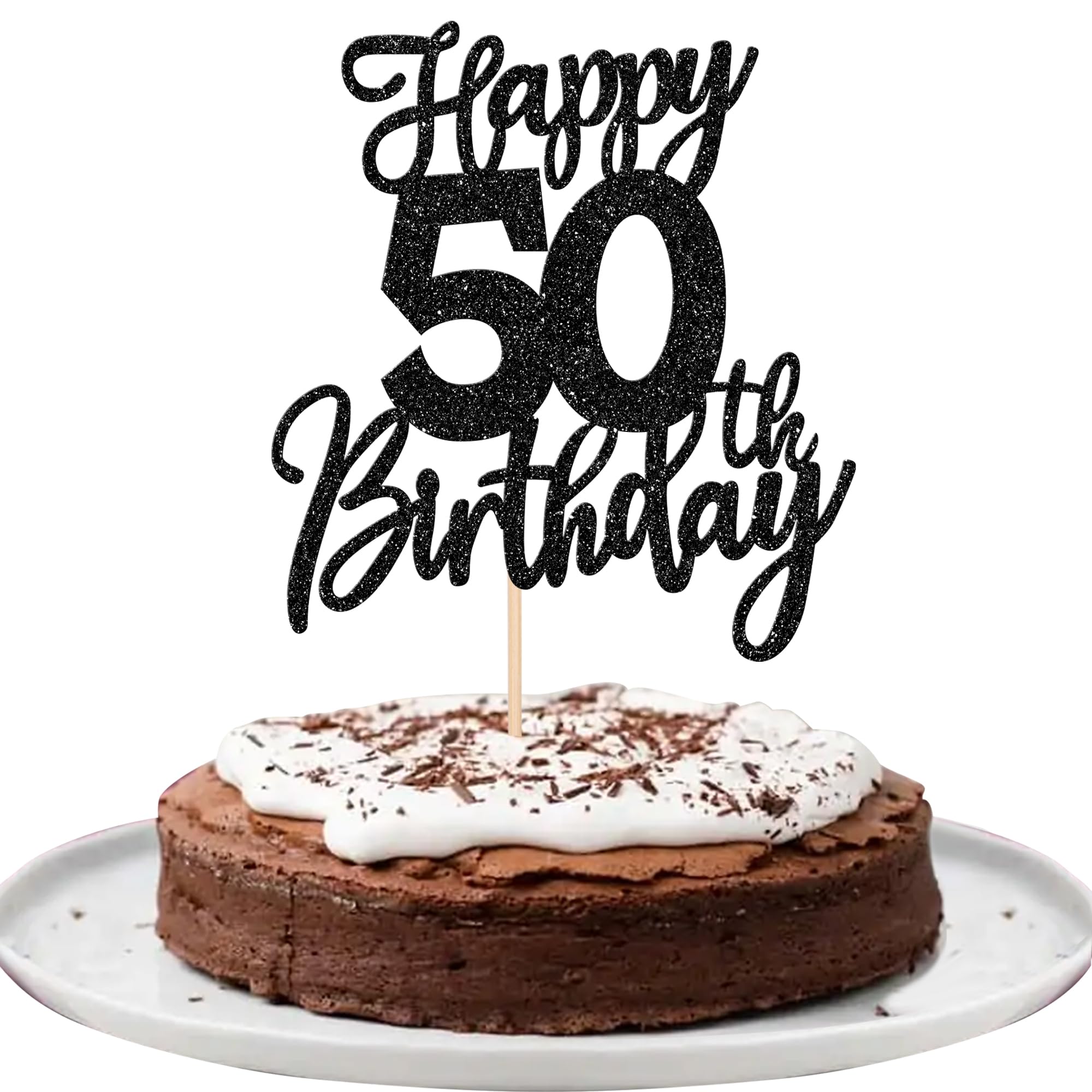 Happy 50th Birthday Cake Topper – Black Glitter Number 50, 7.9 Inches Tall, With Stick, For 50th Birthday & Anniversary Parties