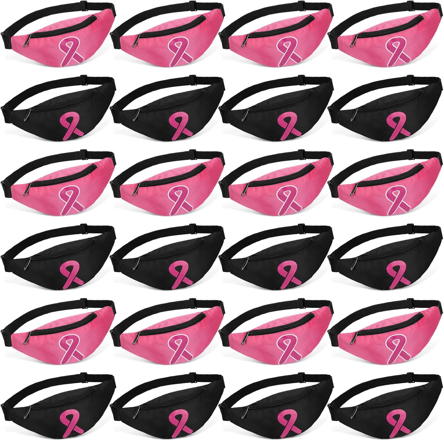 Silkfly 24 Pcs Breast Cancer Awareness Fanny Bag Pink Ribbon Adjustable Oxford Cloth Cancer Survivor Gift Waist Bags with Zippered for Workout Running (Pink and Black)