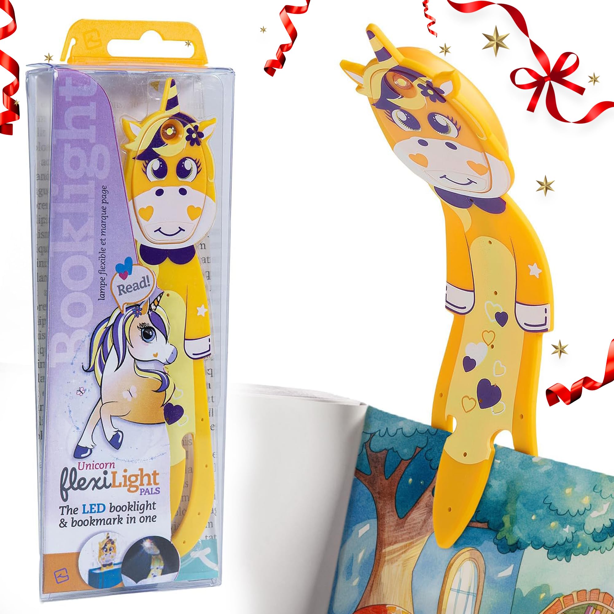Gifts for Readers & Writers Book Light for Kids, Clip On Reading Light for Bed, 2in1 Flexilight Pals & Bookmark, Small & Lightweight with a Soft Glow, 2 Batteries Included, Unicorn Yellow