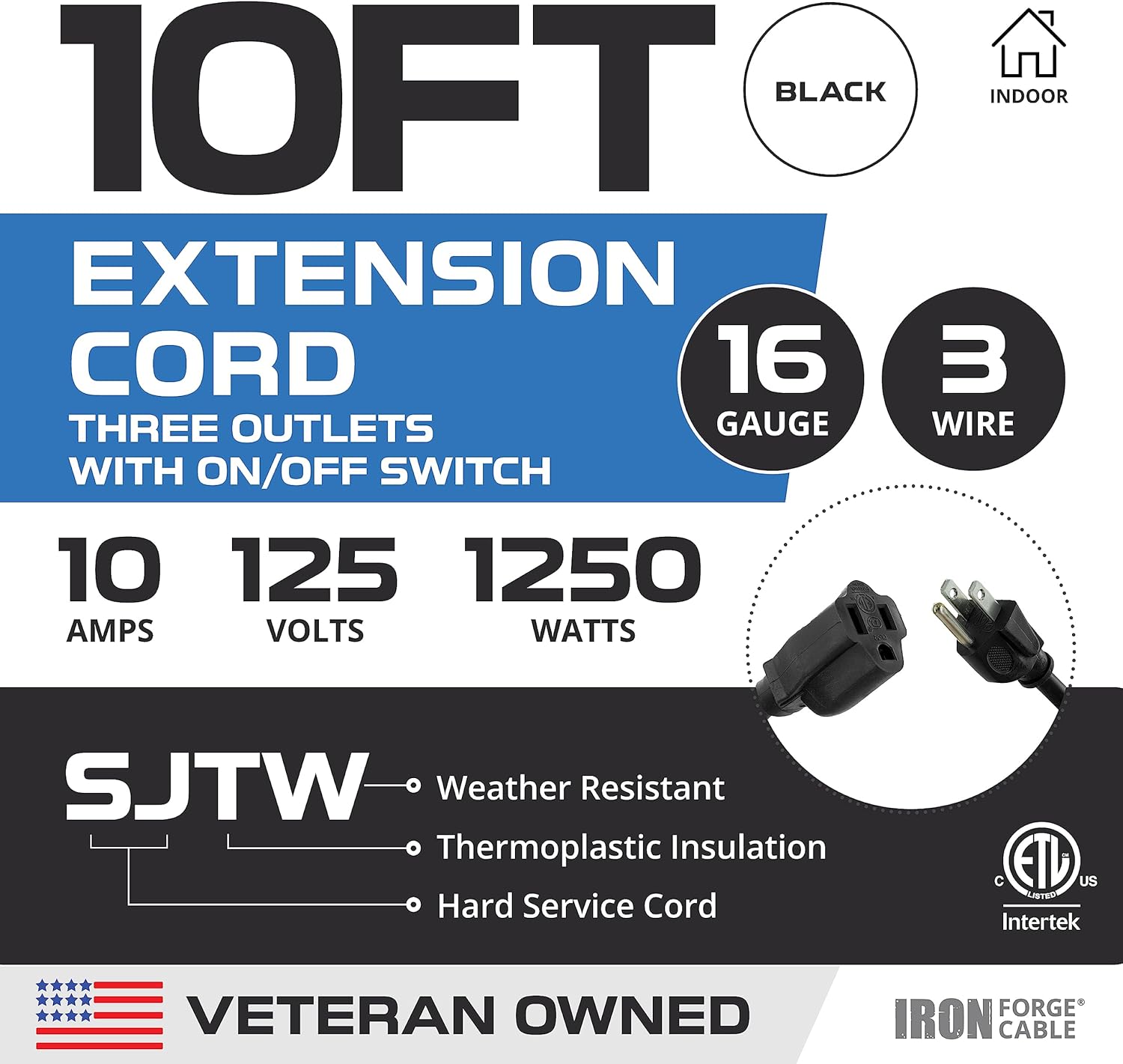 Iron Forge Cable 10 Ft Black Extension Cord with Inline Switch On/Off, 16/3 SJTW 3 Prong with in Line Switch On Off Power -10 AMP Cord - ETL Listed