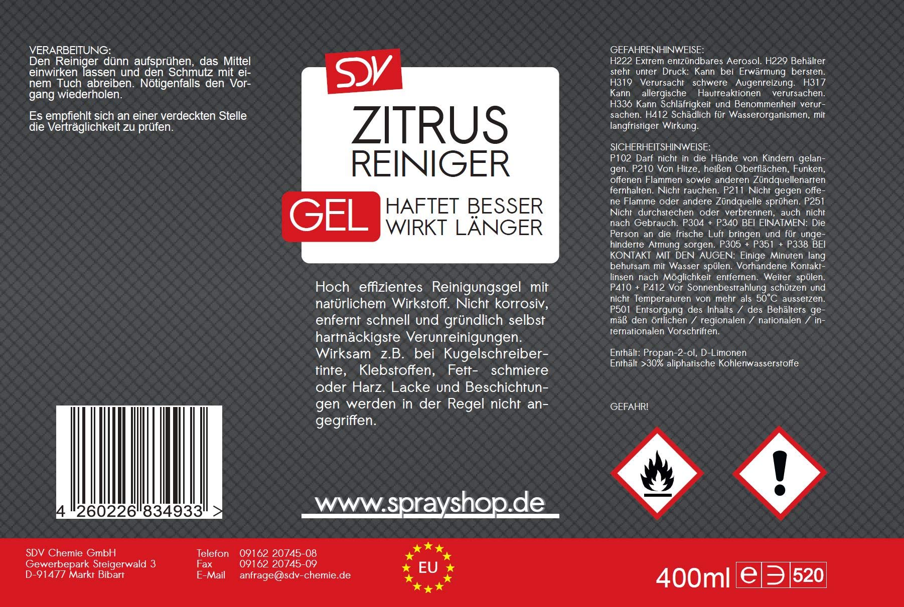 SDV Chemie Zitrusreiniger GEL 6x 400ml Universalreiniger | Klebstoffreste, Teer, Nikotin Entferner