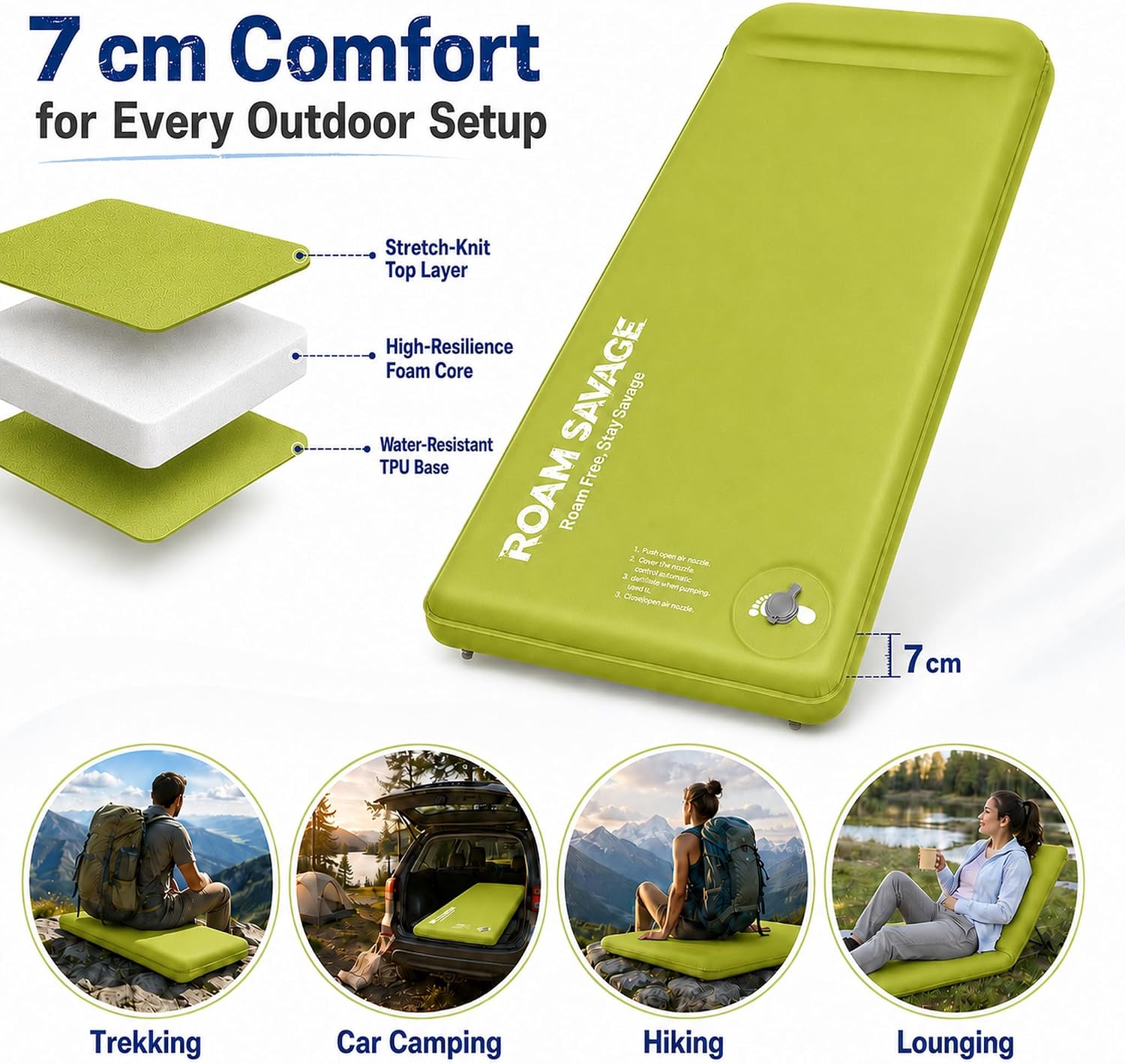 ROAM Savage Self Inflating Camping Mat, 7cm Sleeping Pad with Pillow, R-Value 8.0 Insulation, Double Valve, 50D TPU Fabric, Connectable Air Mattress for Camping, Hiking and Travel