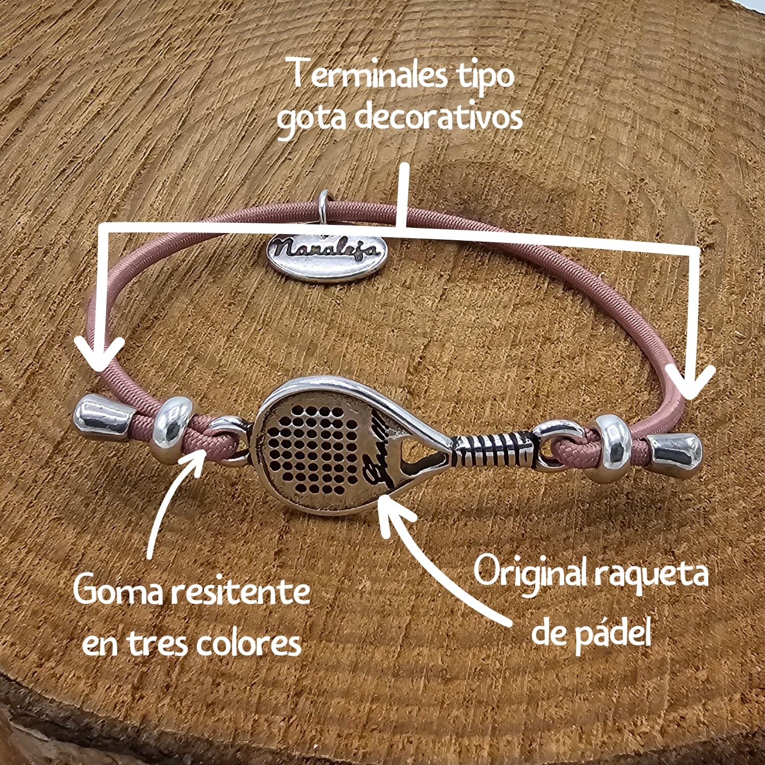 Pulsera raqueta padel Nanaleja goma rosa accesorios regalos originales hecha en España