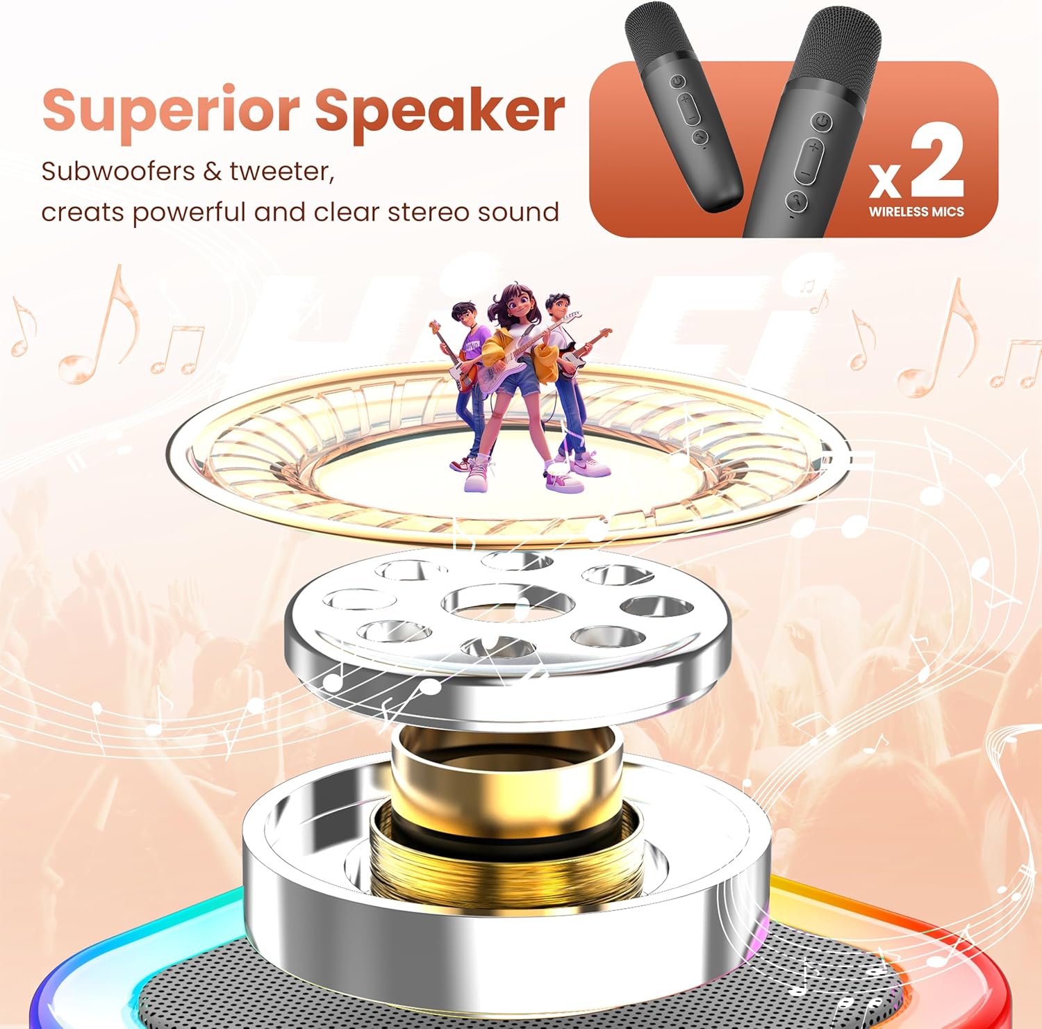 Mini Karaoke Machine for Kids Adults, Portable Bluetooth Speaker with 2 Wireless Karaoke Microphones, 2026 TOP Birthday for Girls Boys 3,4,5,6,7,8+Year Old Toddler Toys Karaoke Player Valentine(Grey) - Image 2