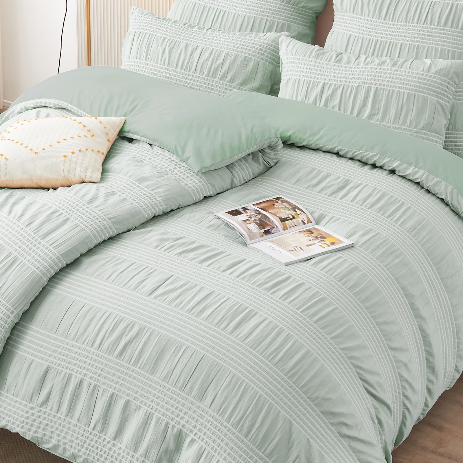 Qucover Funda Nordica Cama 135/150 - Verde Fundas para Edredón 200x200cm con 2 Fundas de Almohada 80x80cm, 3 Piezas Juego de Ropa de Cama de Diseño de Rayas Blancas con Cremallera