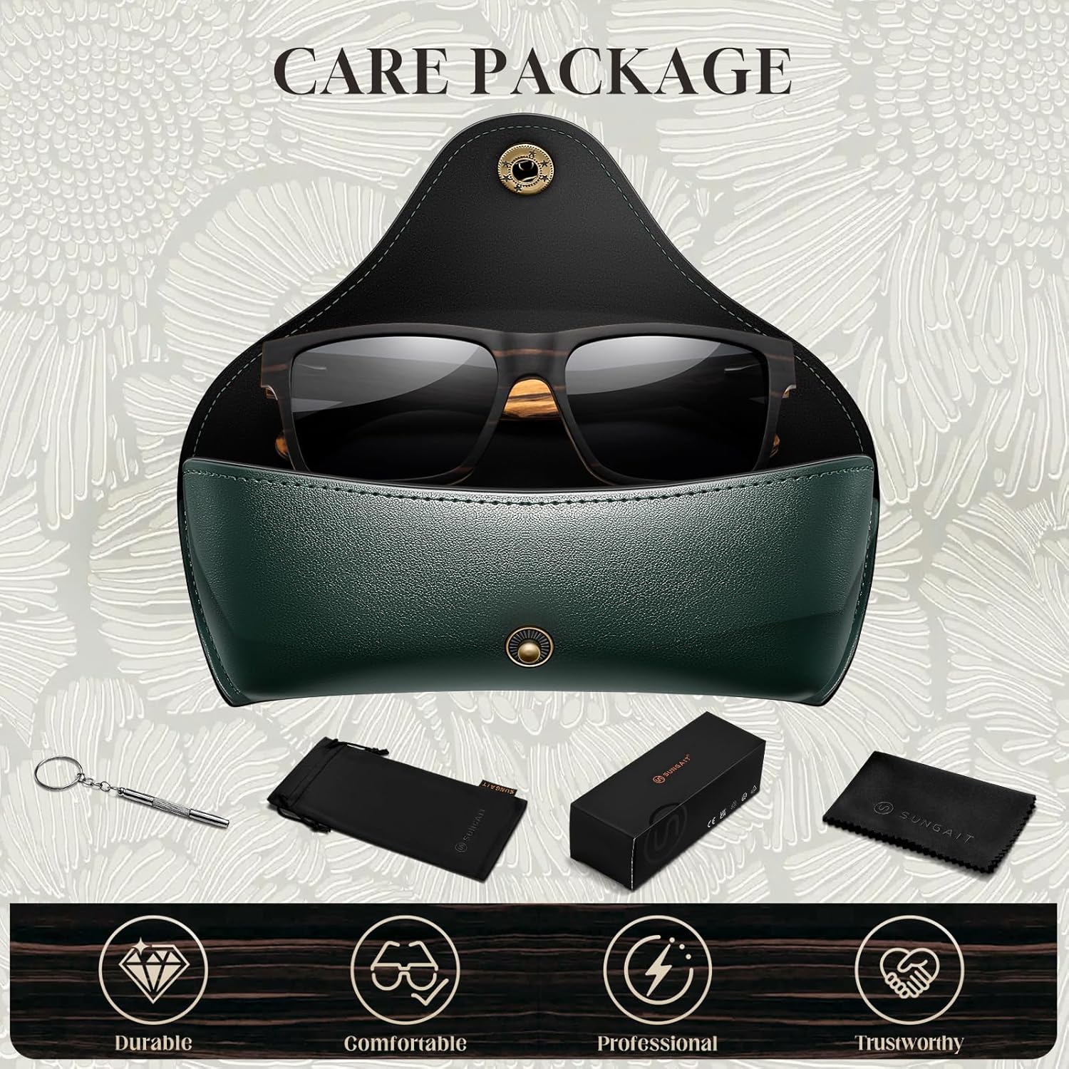 SUNGAIT Ebony Zebra Wood Sunglasses for Men Rectangular All-wood Frame Polarized Lens with Hard Gift Case