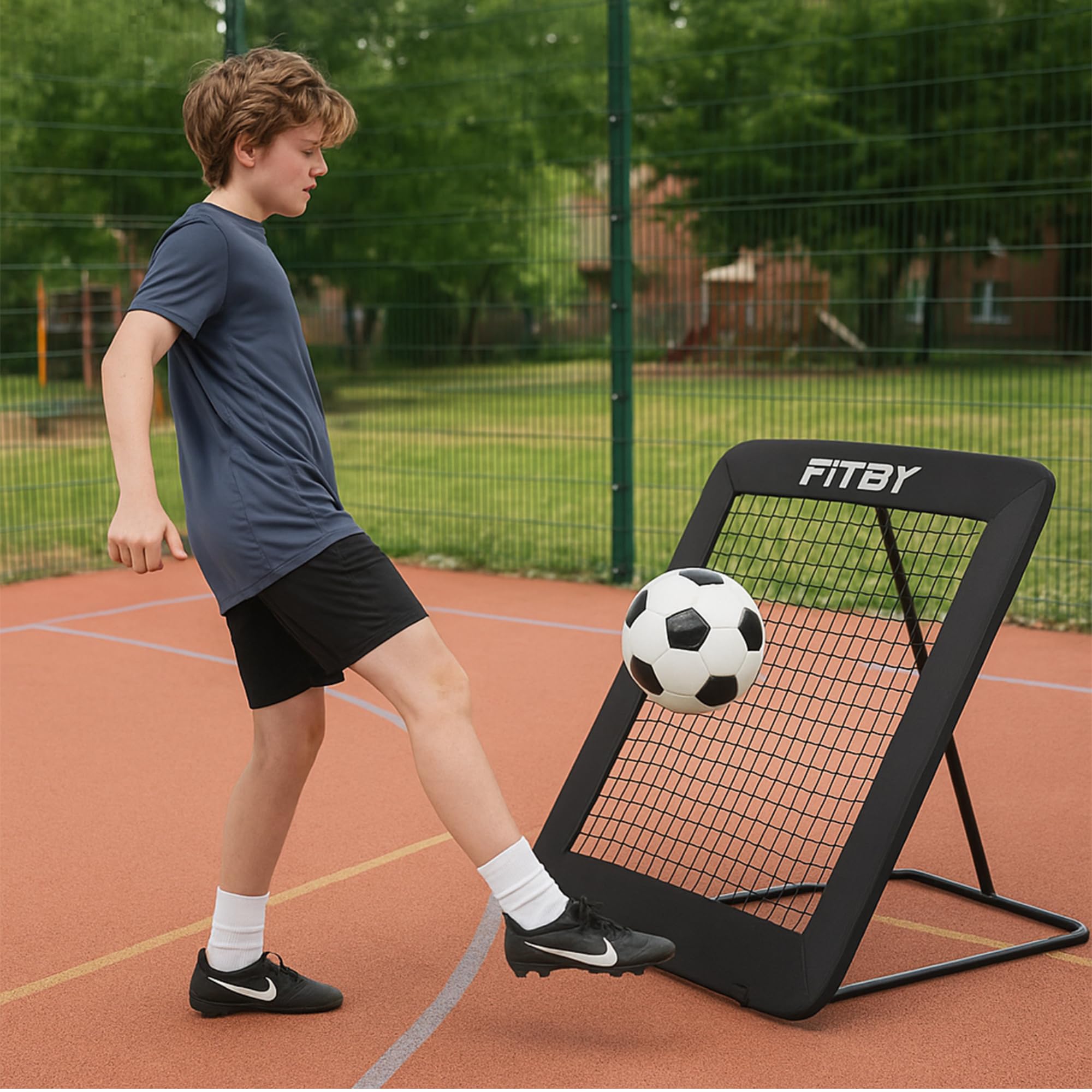 Rebounder 100 × 100 cm – Rete da Allenamento Pieghevole con 5 Angolazioni Regolabili – Telaio in Acciaio, 20 Elastici, Picchetti Inclusi – Per Calcio, Pallamano e Tchoukball