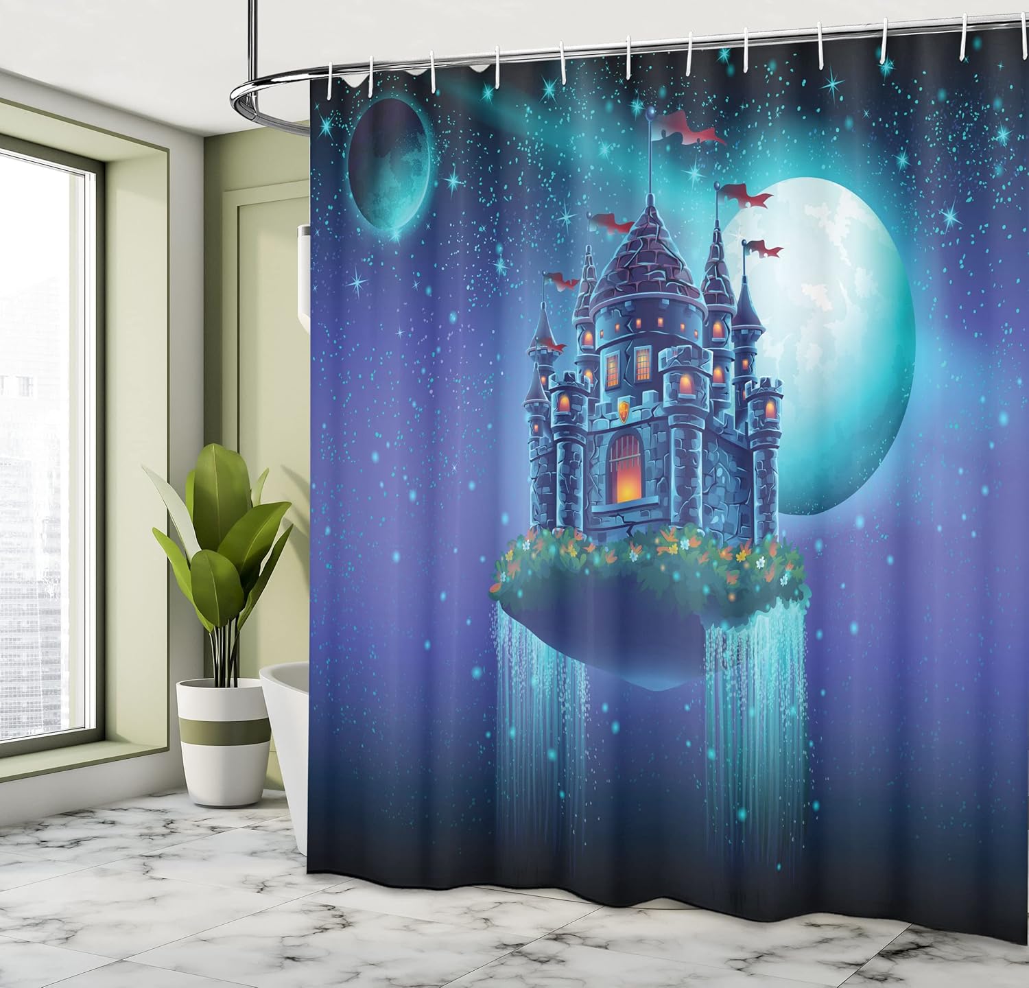 Ambesonne Fantasy Shower Curtain, Graphic of a Flying Medieval Castle on The Air Space with Waterfall and Moon Image, Cloth Fabric Bathroom Decor Set with Hooks, 69" W x 70" L, Teal Blue
