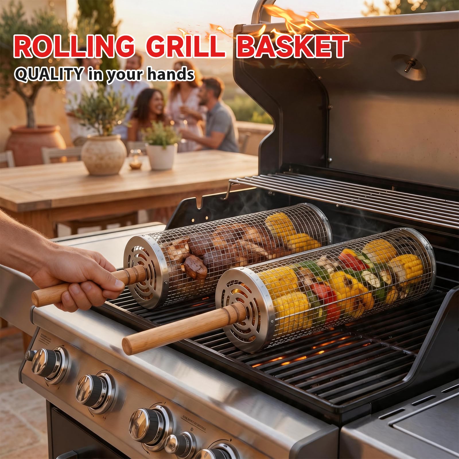 Panier à Barbecue Roulant, Paquet de 2 Paniers à Grillades Enroulable avec Poignée Détachable et Brosse Panier Grille Barbecue Emboîtables pour Légumes, Viande, Poisson Cadeau Hommes