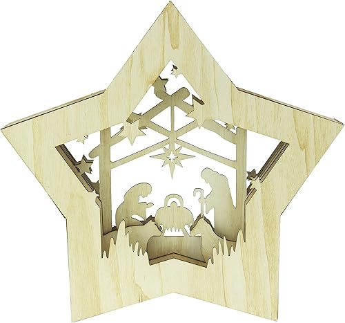 Clever Creations Adorno de Navidad grande de madera con forma de estrella, tamaño 14 x 14 pulgadas, decoración navideña LED festiva para estantes y