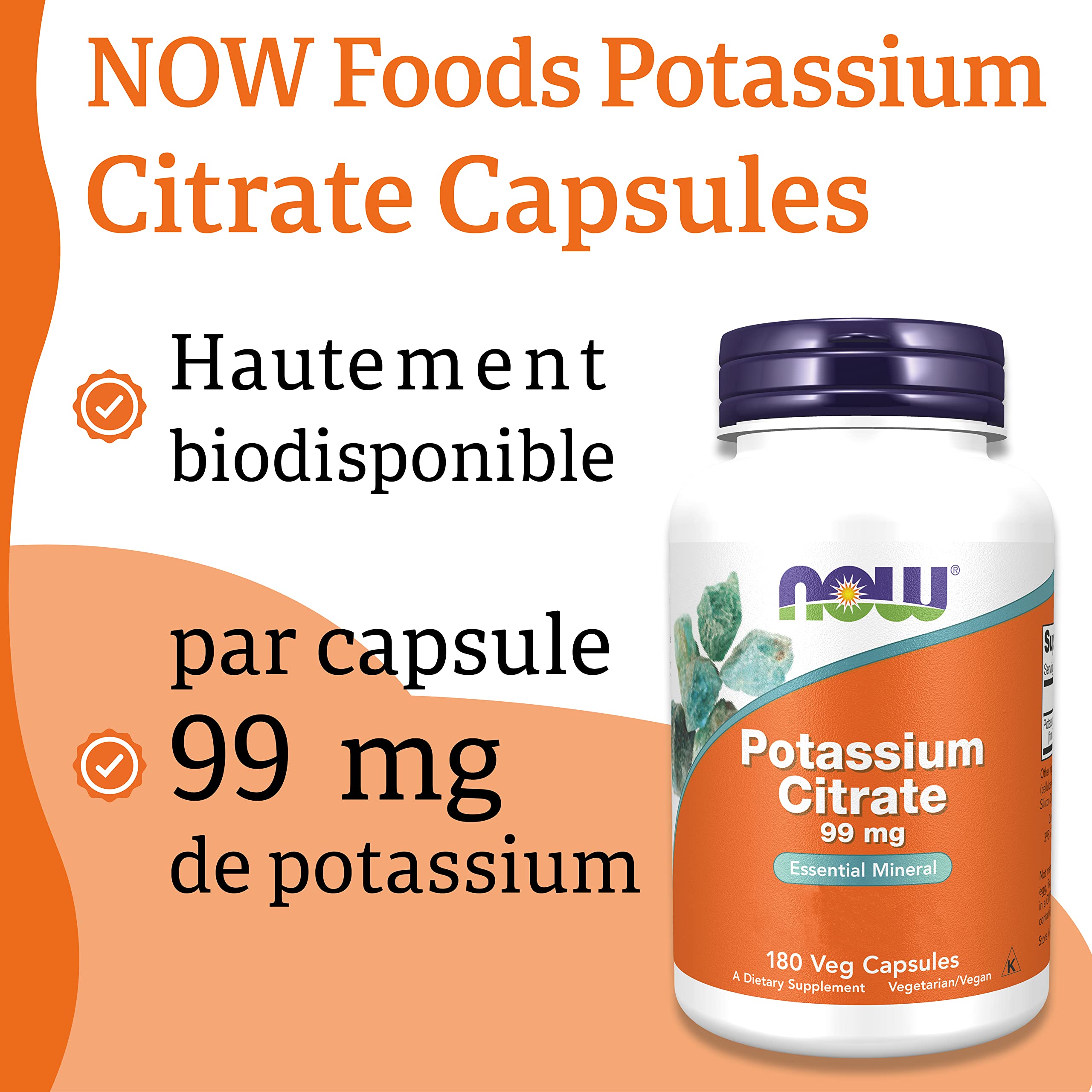 Now Foods, Potassium Citrate (Citrate de Potassium), 99 mg, 180 Gélules végétaliennes, Testé en Laboratoire, Potassium, Minéraux, Sans Gluten, Sans Soja, Végétarien