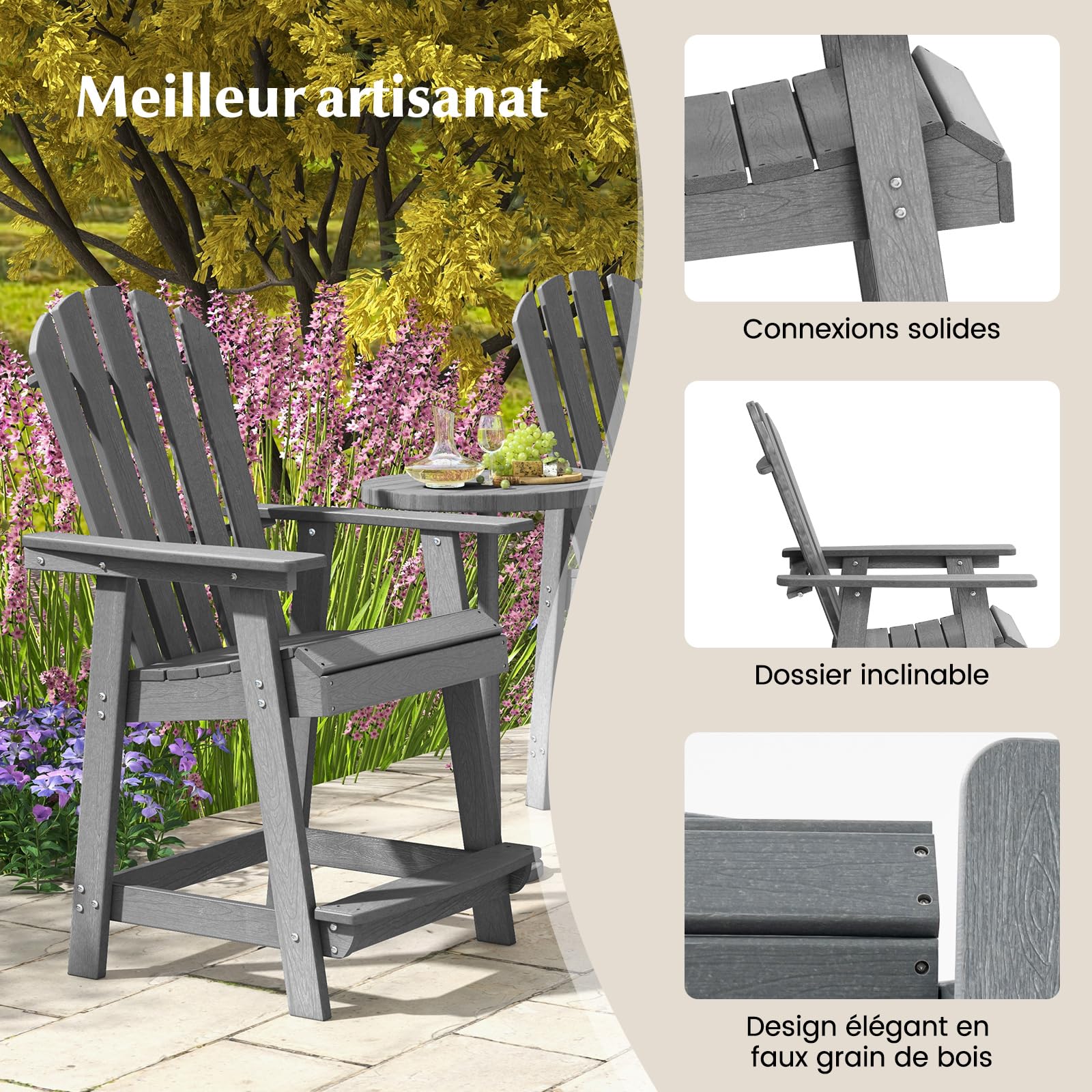 COSTWAY Chaise de Jardin Adirondack en HDPE, Chaise d'Extérieur avec Accoudoirs et Repose-Pieds, Fuateuil de Jardin à Dossier Haut, Chaise de Bar à Lattes, pour Pisine, Patio, Charge 160 KG (Gris)