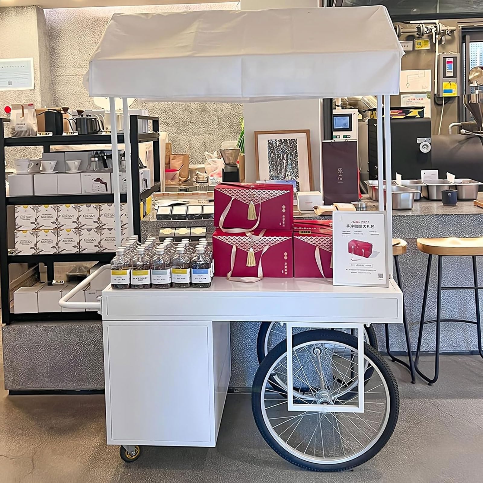 Carrello di vendita all'aperto portatile con il baldacchino, stalla del mercato del ferro con la scatola di stoccaggio, banco di mostra dell'alimento per gli eventi