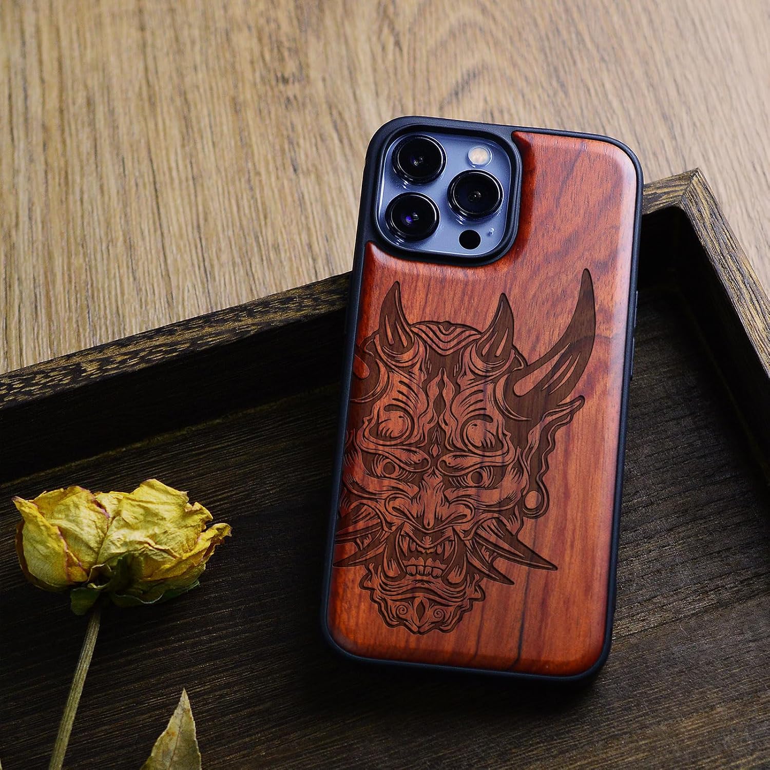 Carveit Magnetic Wood Case for iPhone 13 Pro Max [Natural Wood & Black Soft TPU] Unique Wooden Shockproof Protective Cover Compatible with magsafe (Japanese Oni Mask -Rosy)