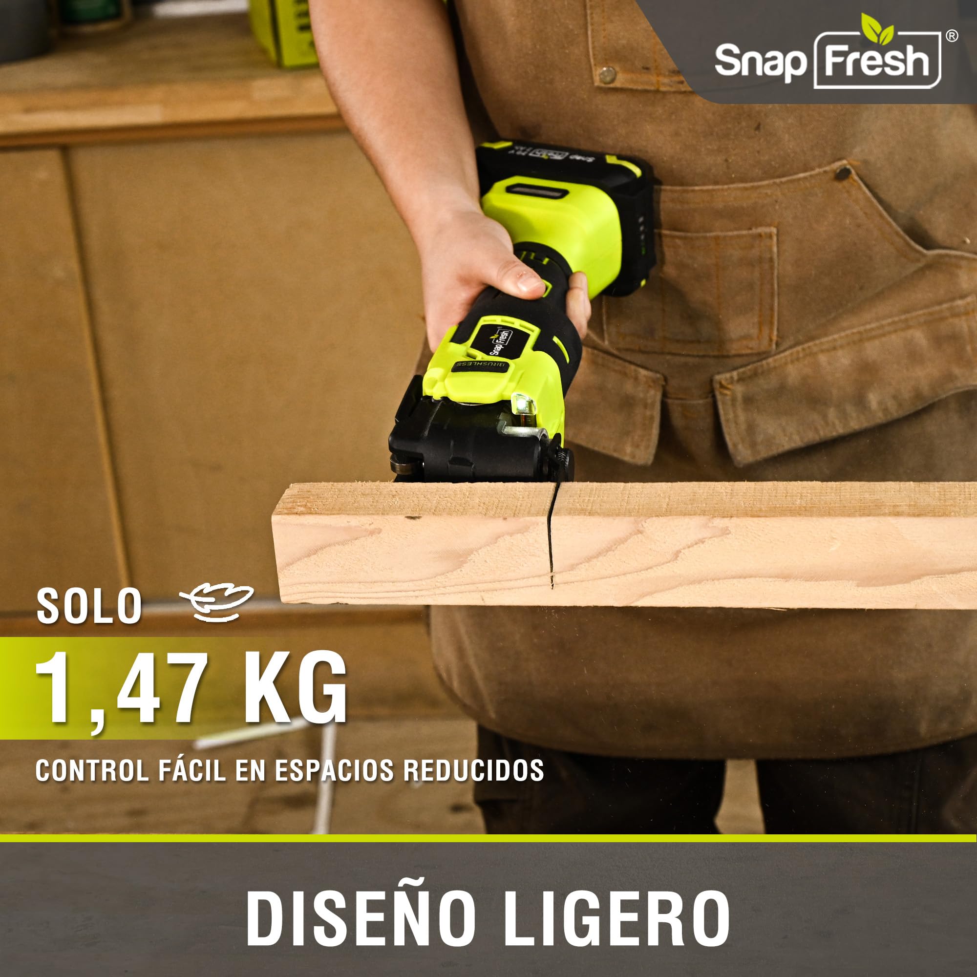 SnapFresh Herramienta Multifunción Oscilante 20V Sin Cable y Sin Escobillas, Tecnología Antivibración VibeNeutral, 6 Velocidades, Ángulo 4°, Batería 2,0 Ah, Cargador Rápido y Bolsa