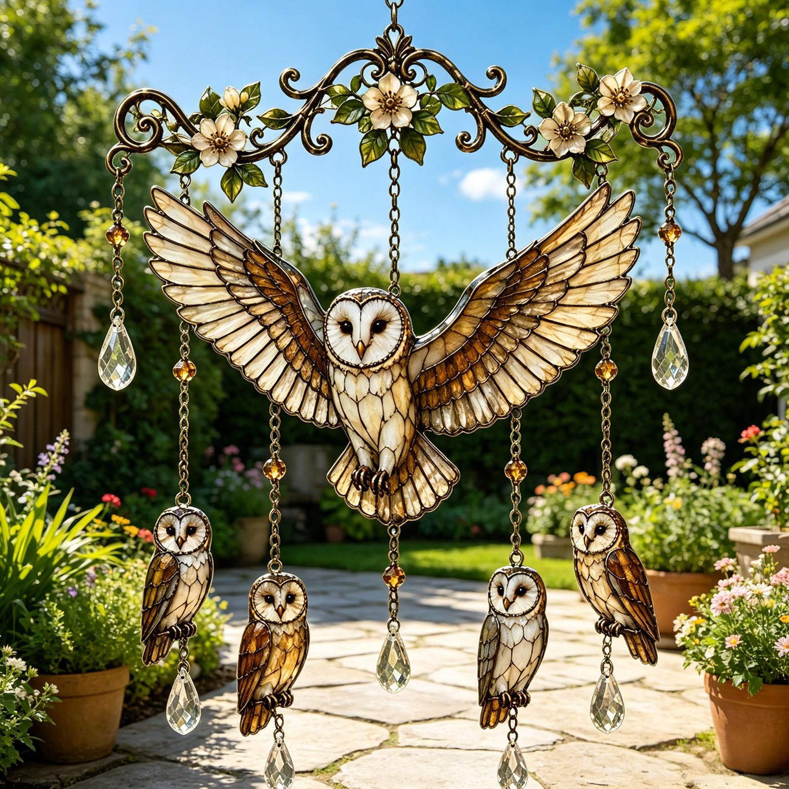Graceful Hummingbird Wind Chime, Hummingbird Wind Chimes Outdoor Crystal Suncatcher Hanging Decor, Bird Garden Yard Ornament for Patio Porch Balcony (Owl)