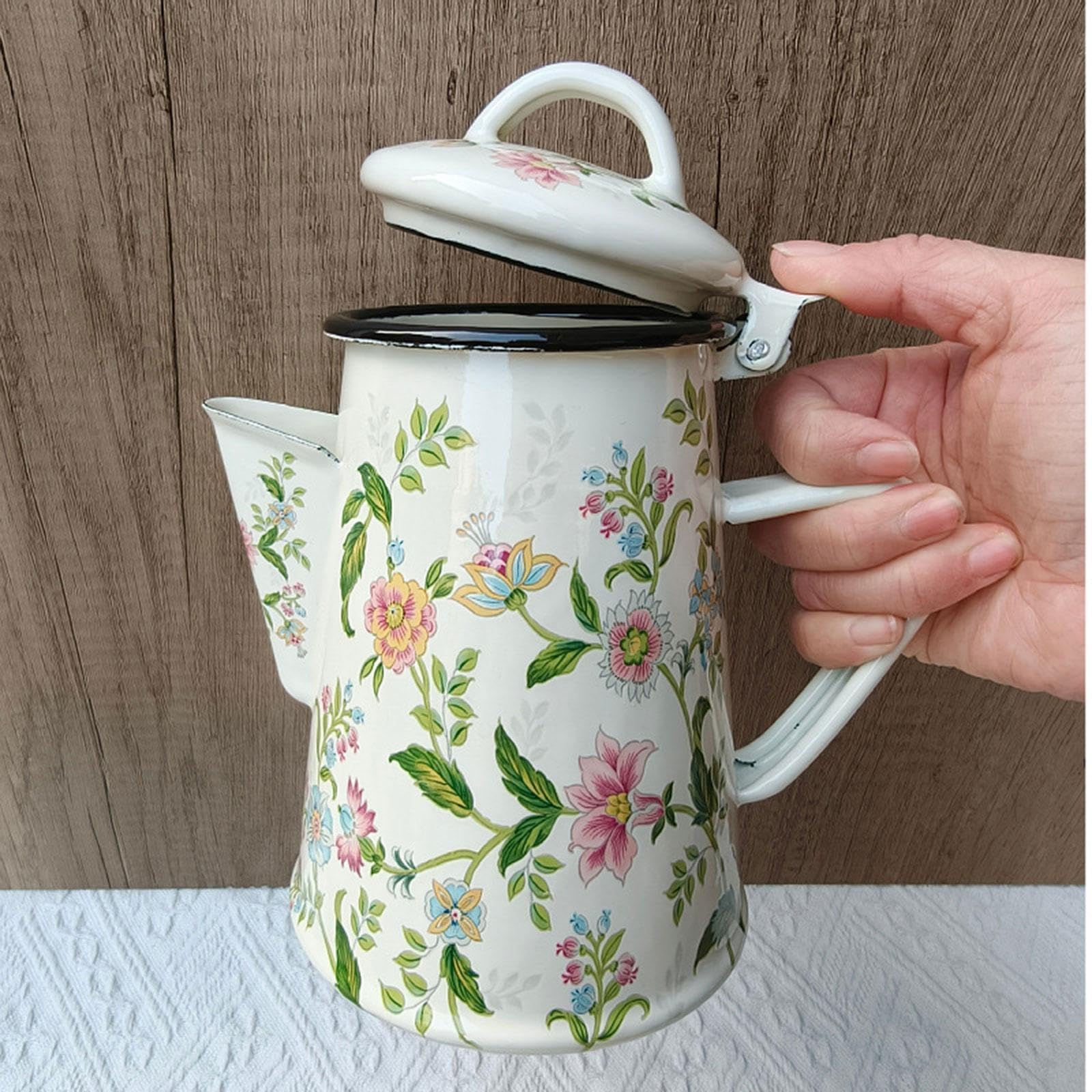 Cafetera Esmaltada, Cafetera Cocina, Tetera Estilo Vintage de 0.8 L con Asa, Esmalte Grueso Resistente a Altas Temperaturas, Fácil de Limpiar, Apta para Gas, Eléctrica y Vitrocerámica