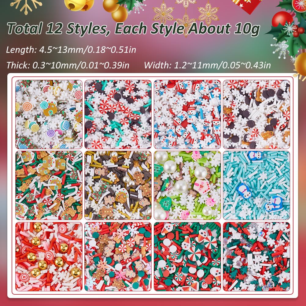 SUNNYCLUE 120G 12 estilos de Chispas Navideñas Rodajas de Arcilla Polimérica A Granel Verde Rojo Blanco Y Azul Copos de Nieve Navideños Perlas Caramelos de Imitación Azúcar Postres Mini Rodajas para D