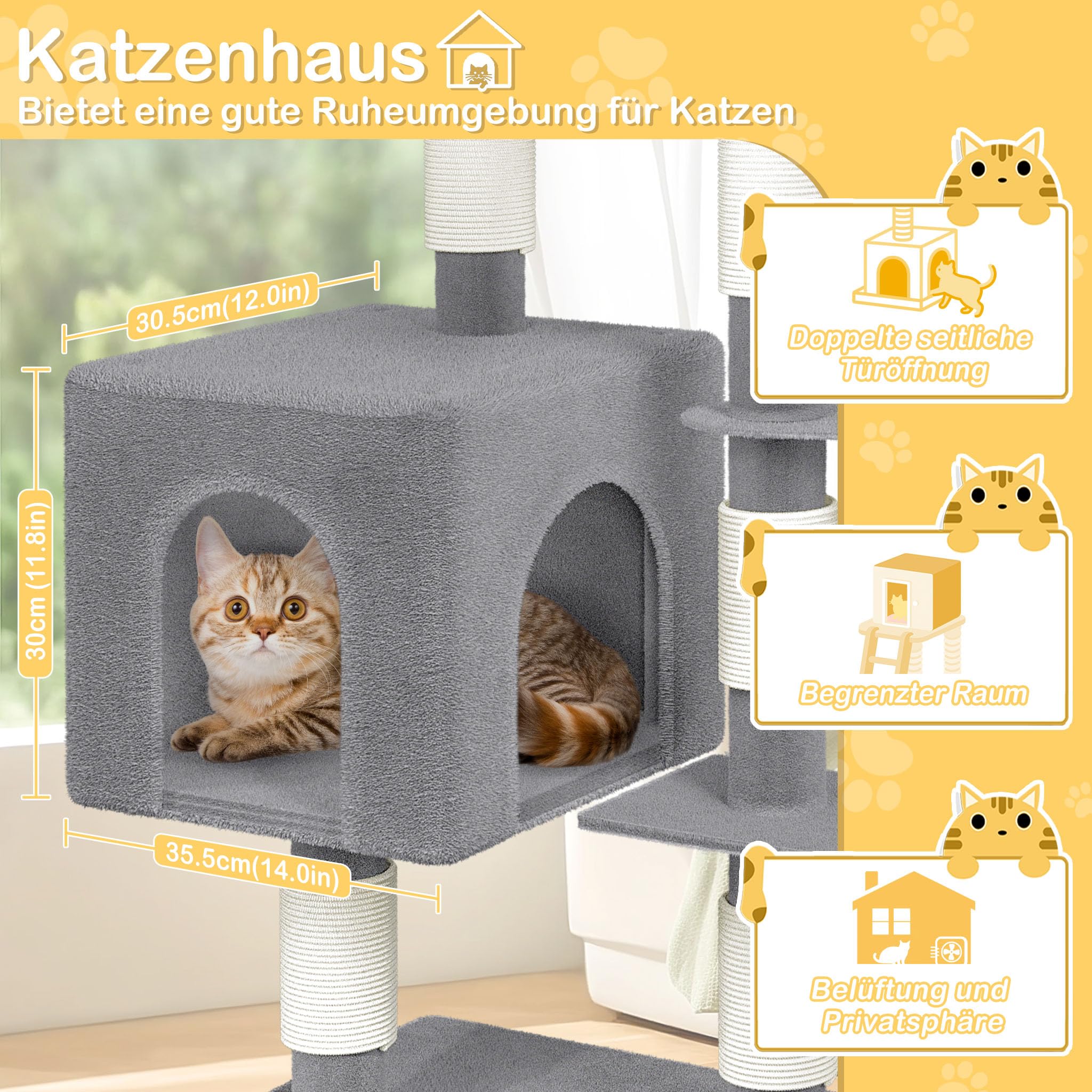 NAIZY Rascador grande para gatos, 49 x 49 x 130 cm, XXL, con columnas de sisal y cueva para gatos, antideslizante, gris K1254