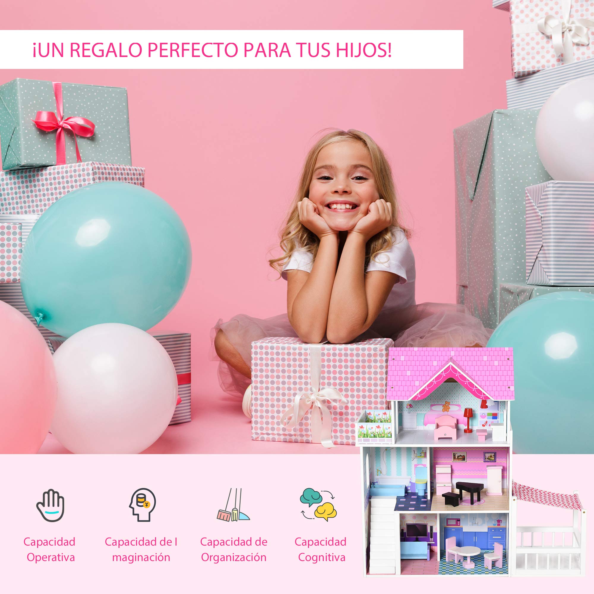 HOMCOM Casa de Muñecas de Madera de 3 Pisos con Patio 86x30x87 cm Rosa | Muebles y Accesorios de 13 Piezas, Diseño Lindo, Casita de Muñecas de Juguete