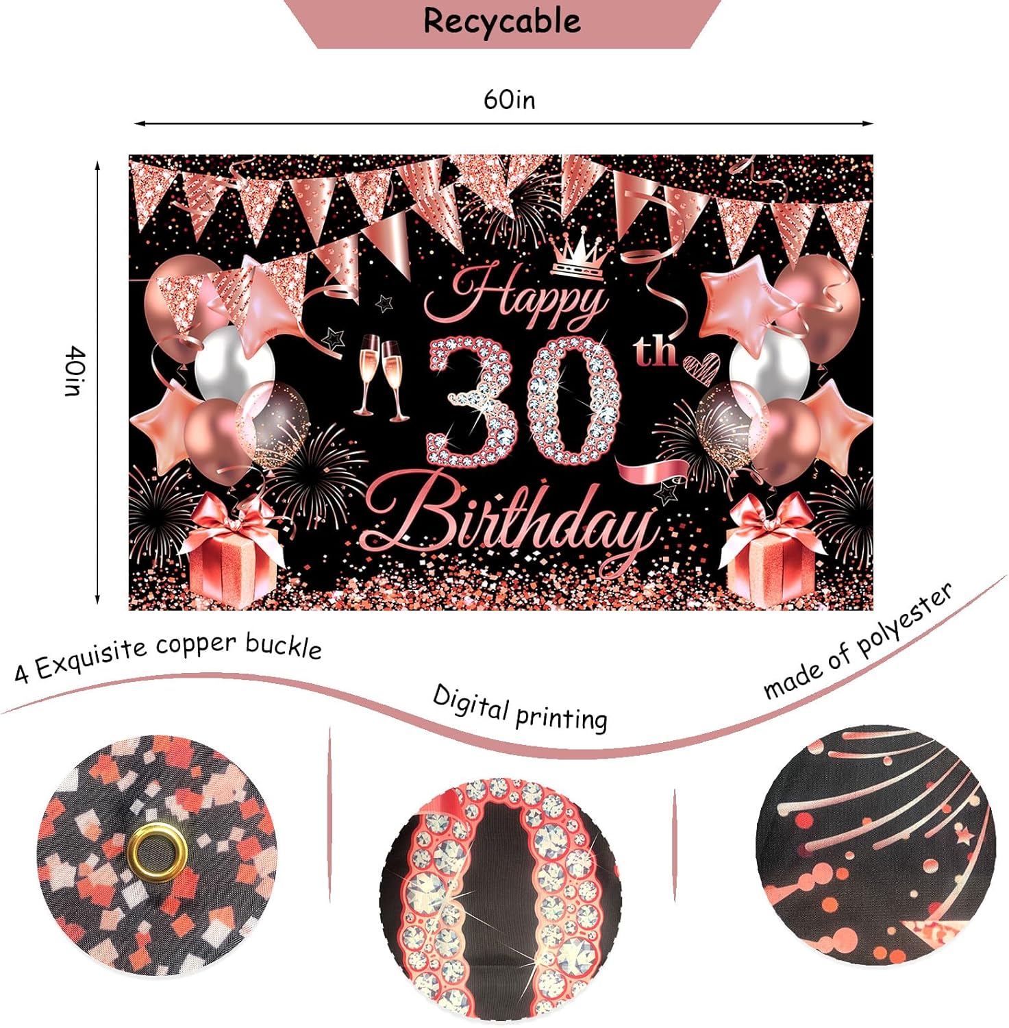 Happy 30th Birthday Decorations for Her, Black Rose Gold 30 Years Old Decor for Women Include Sash and Crown, 30pcs Balloons Banner 40" Number Balloons, Backdrop Cake Topper & Paper Pom Poms