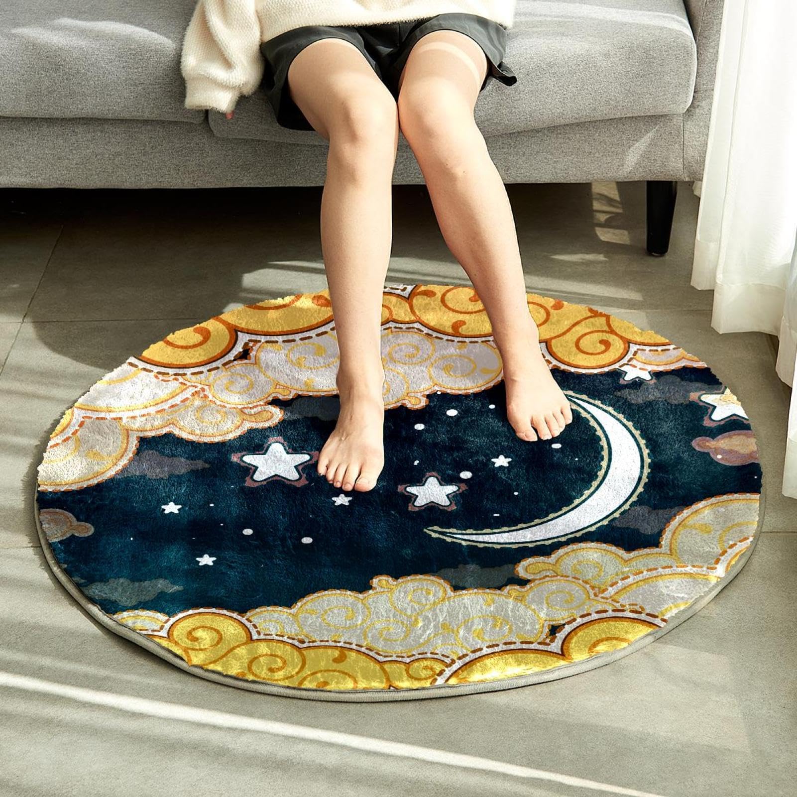 Grand tapis rond moelleux de luxe à poils longs - Tapis doux et antidérapant - Motif lune, étoiles, ciel nocturne - 100 cm - Pour chambre d'enfant