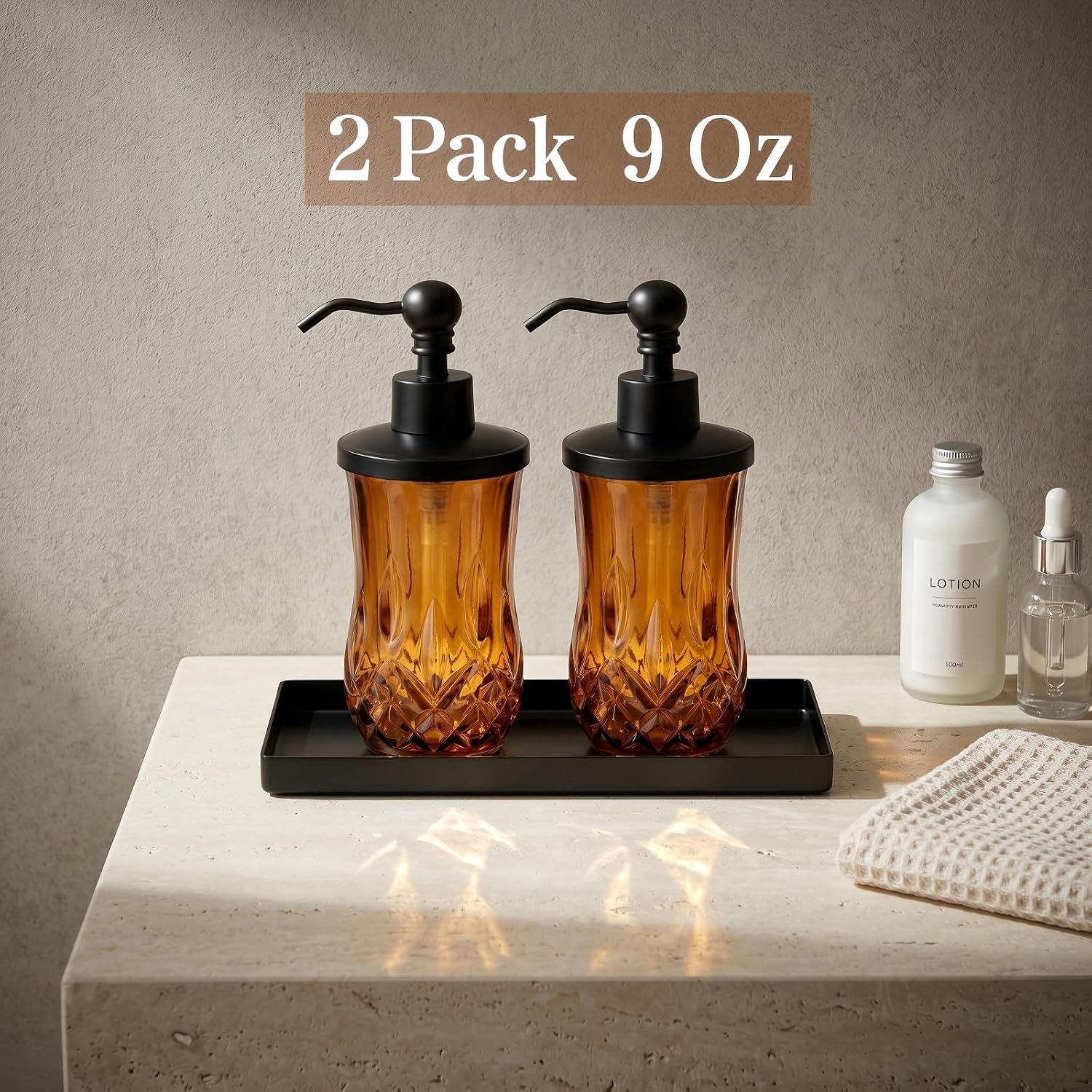 2 Pack 9Oz Amber Soap Dispenser, Round Thick Glass image 3