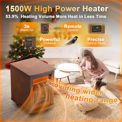 Miniatura 5 de Calentador infrarrojo RealSmart Space de 1500 W para uso en interiores, calentador eléctrico de cuarzo para habitación grande con ruedas de control