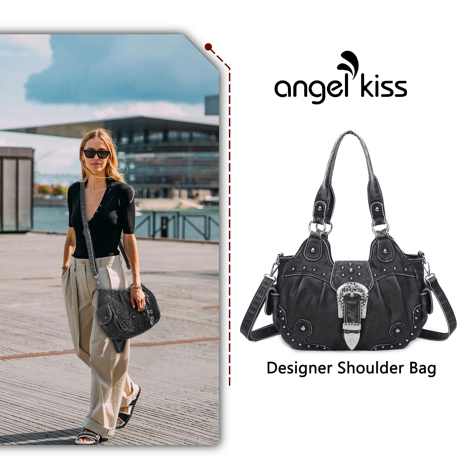 Angel Kiss Torby hobo dla kobiet wegańskie skórzane torebki i torebki damskie eleganckie torby na ramię torebki crossbody z metalowymi ćwiekami