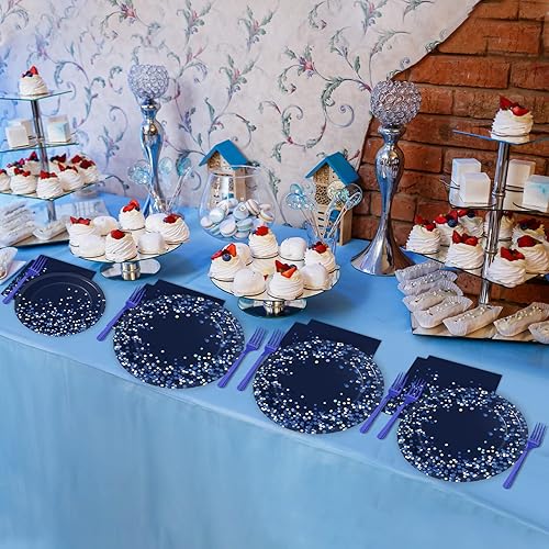 Miniatura 6 de 96 piezas de suministros de fiesta azules y plateados, platos de papel de confeti con purpurina brillante, decoración de fiesta, juego de vajilla de