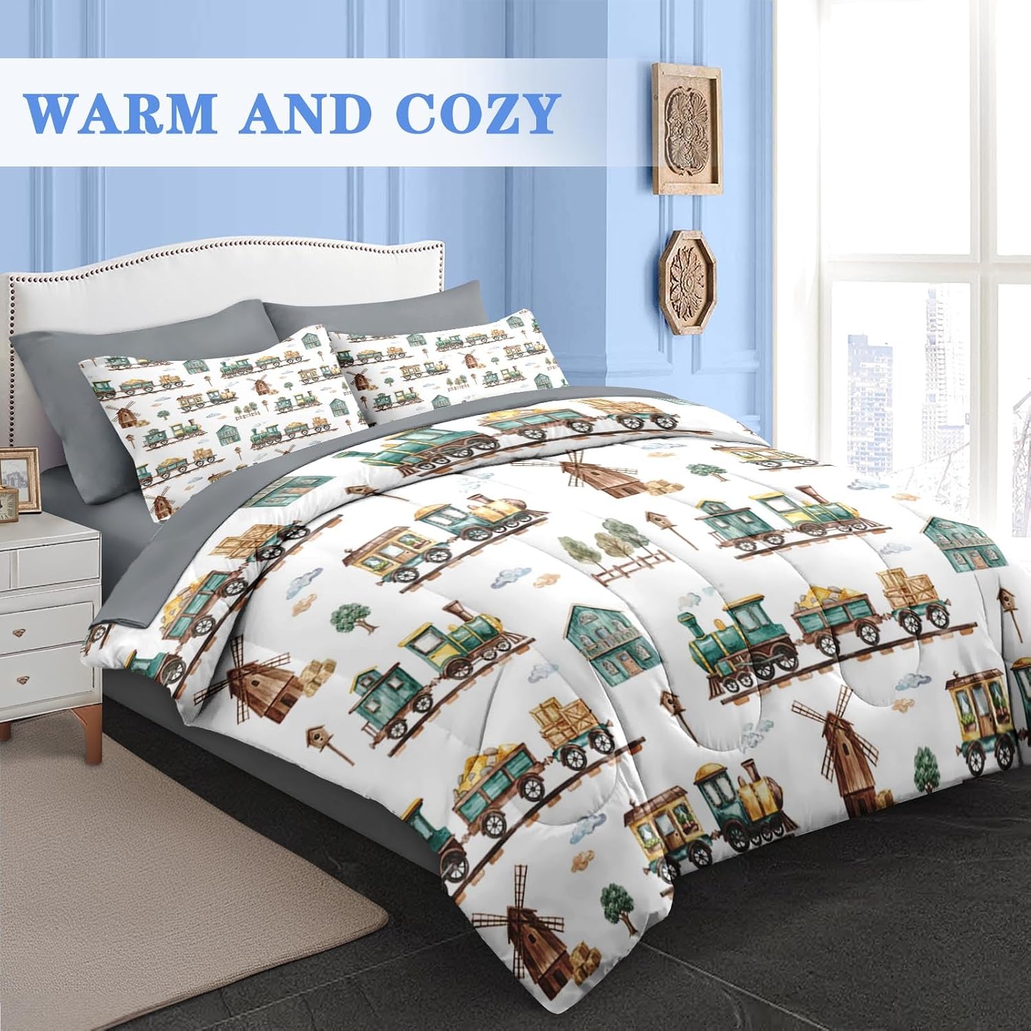 Pamnest Comforter Set Twin Size, Cute Cartoon Train 5 Pcs Bedding for Kids and Adults, Green Barn Tree Bed Sheet Sets with Fitted Sheet Pillowcase & Sham for Bedroom Bed Decor