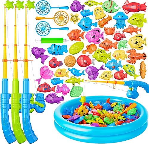 Juego magnético de juguetes de pesca para niños pequeños de 3 a 5 4 a 8 años, mesa de agua para tina de juguete con poste inflable para piscina, red