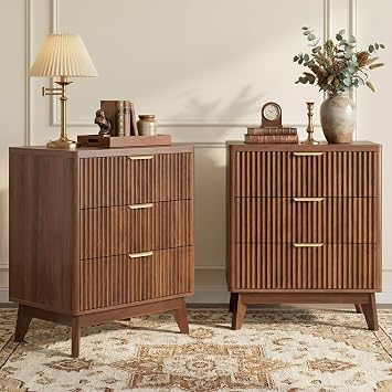 LYNCOHOME Fluted Nightstand Set of 2, Wood Bedside Table with 3 Drawers, Modern Farmhouse Storage End Table for Bedroom, Walnut