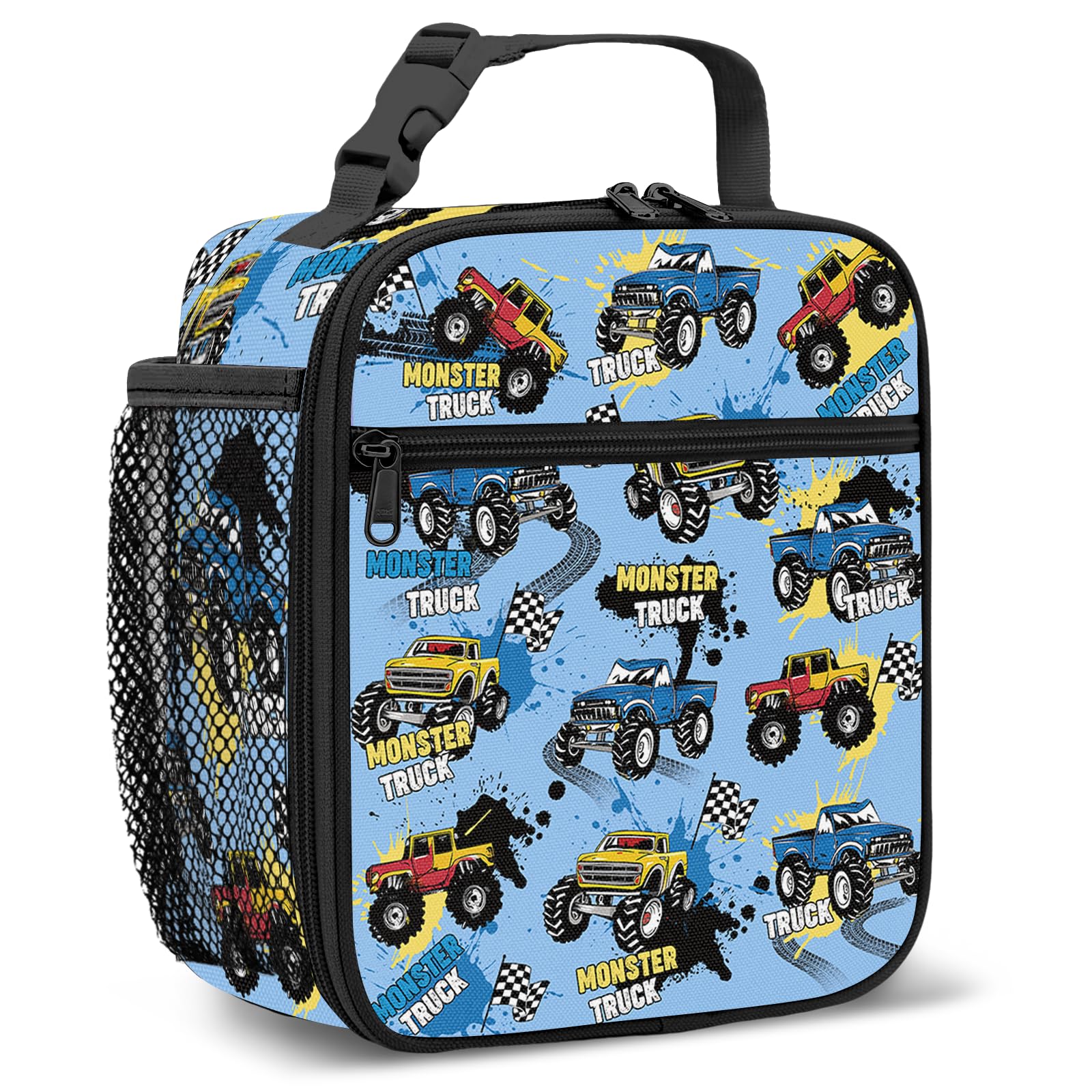 NEIUJADK Kids Insulated Lunch Bag for Boys, Monster Truck Print Reusable Lunch Box, Portable Handheld Lunch Tote with Multiple Pockets for School Travel Picnic — image 1