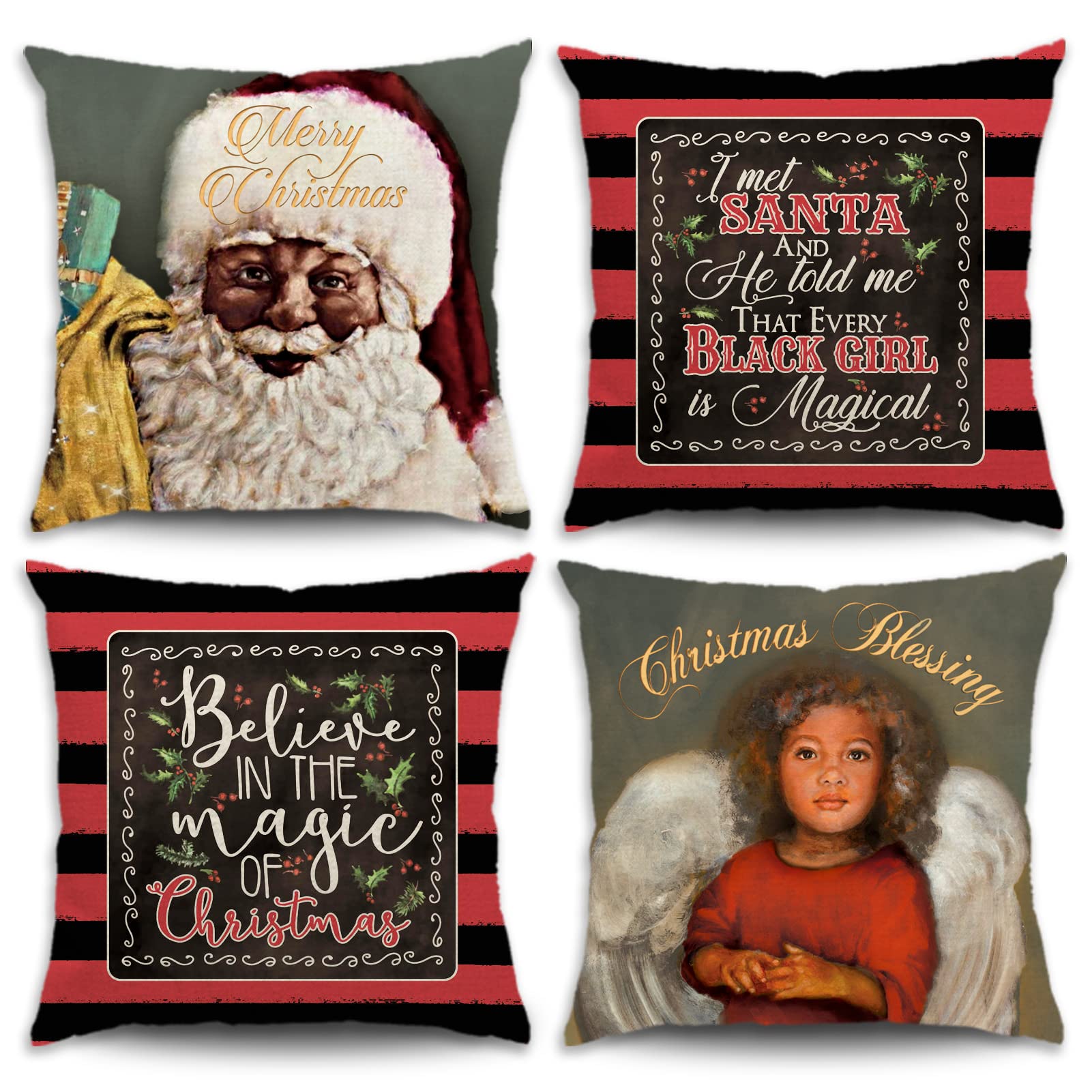 Black Santa Christmas Decorations African American Christmas Pillow Covers 18x18 Set of 4 for Living Room Couch and Sofa (Black Girl Angel)