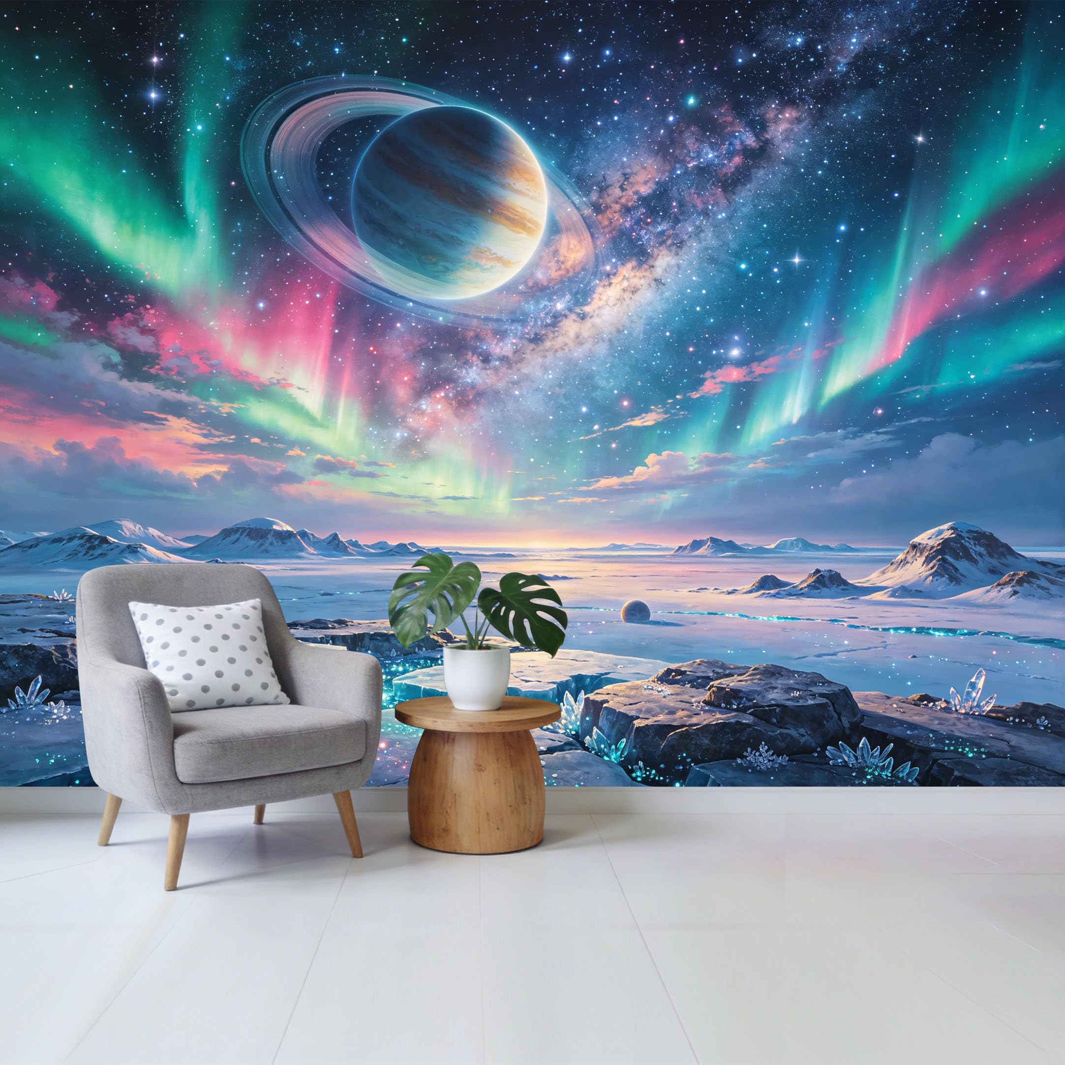 Custom Size Wall Mural Cosmic Planet Aurora Landscape Removable Self Adhesive Fabric， Home Wall Decor for Living Room Bedroom Bathroom