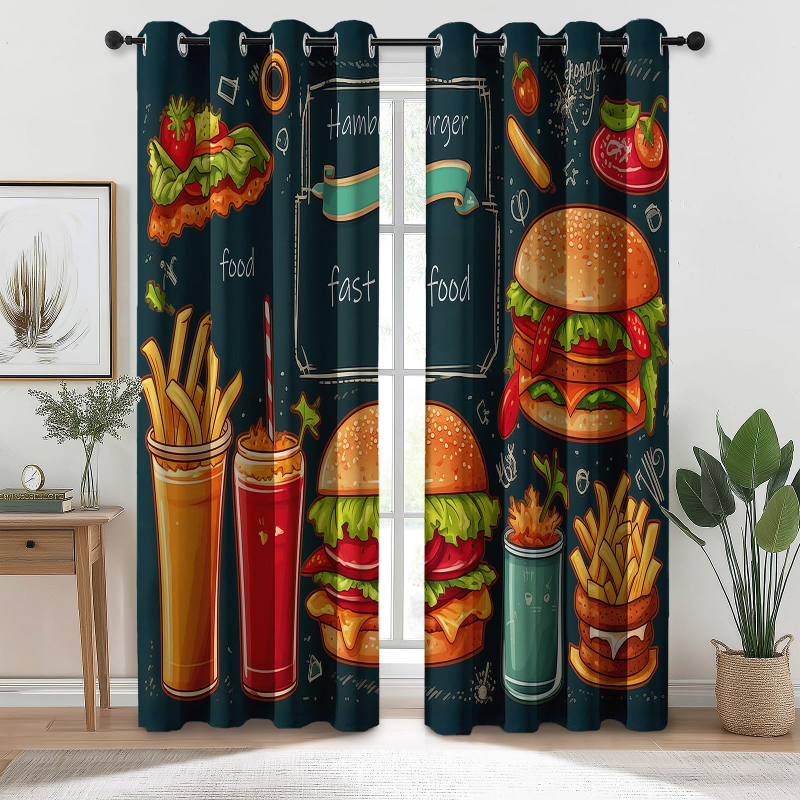 Thermo-Vorhänge H214 x B91.5 cm (2er Set), Bunt Cartoon-Fast-Food-Menü Hamburger, Gardinen für Balkontüren und Arbeitszimmer