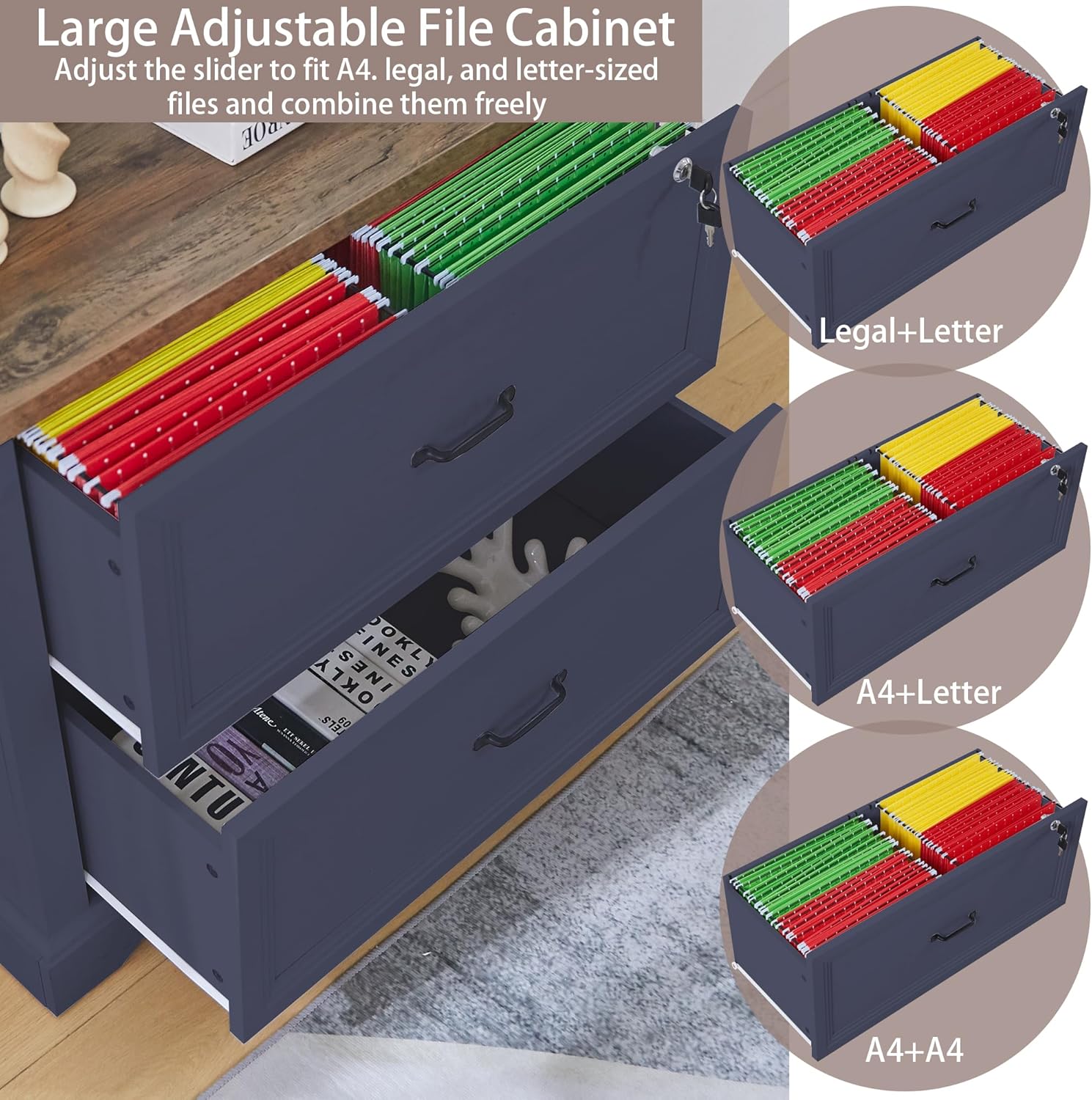 34.6" Farmhouse File Cabinet,Wood File Cabinet with Hanging File Folders,Top Drawer Lockable,Lateral Filing Cabinet for Home Office Compatible with Letter/Legal/A4 Size (2)