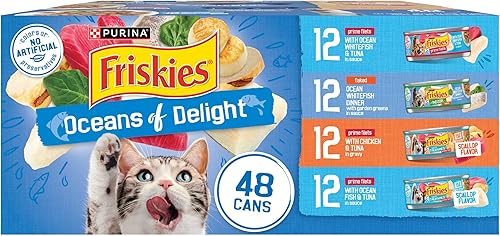 Miniatura 14 de Purina Friskies - Paquete variado de alimentos húmedos para gatos, Oceans of Delight en copos y filetes Prime (paquete de 40), latas de 5.5 onzas